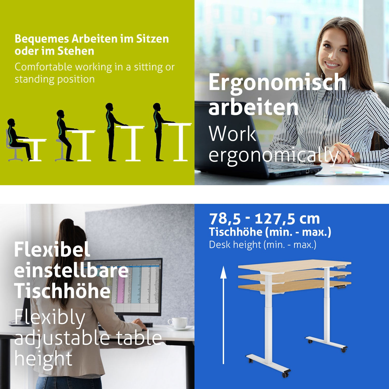 Das Bild zeigt ergonomische Schreibtischaufbauten, eine arbeitende Frau, einen verstellbaren Schreibtisch und den Schreibtischhöhenbereich.