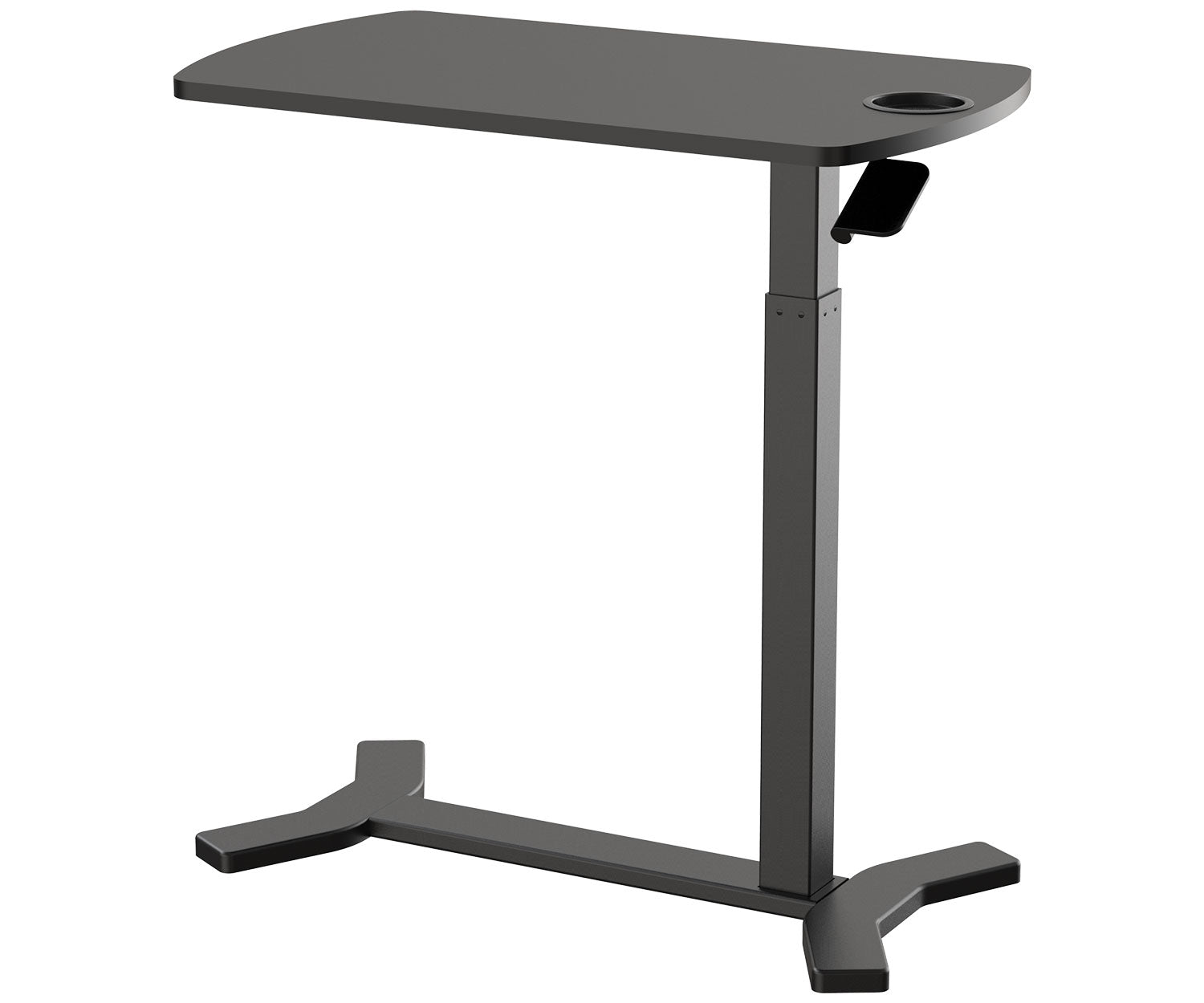 Ein grauer, höhenverstellbarer Laptop-Schreibtisch. Er hat eine Tischplatte, einen Getränkehalter und einen schwarzen Griff. Die Basis ist stabil und flach.