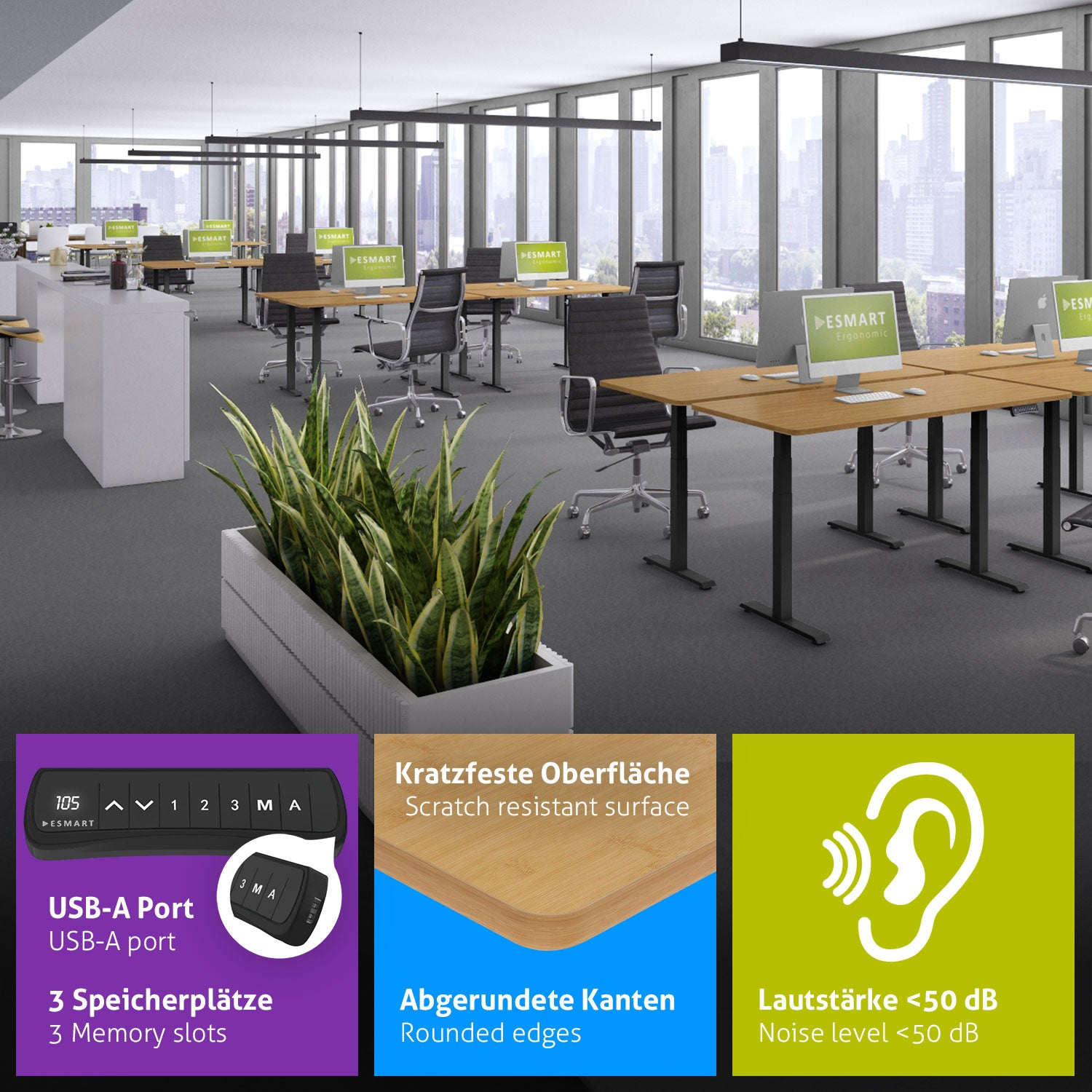 Büro mit Schreibtischen, Computern und Stühlen. Pflanzen im Pflanzgefäß. Informationen zu USB-A-Anschluss, abgerundeten Kanten.