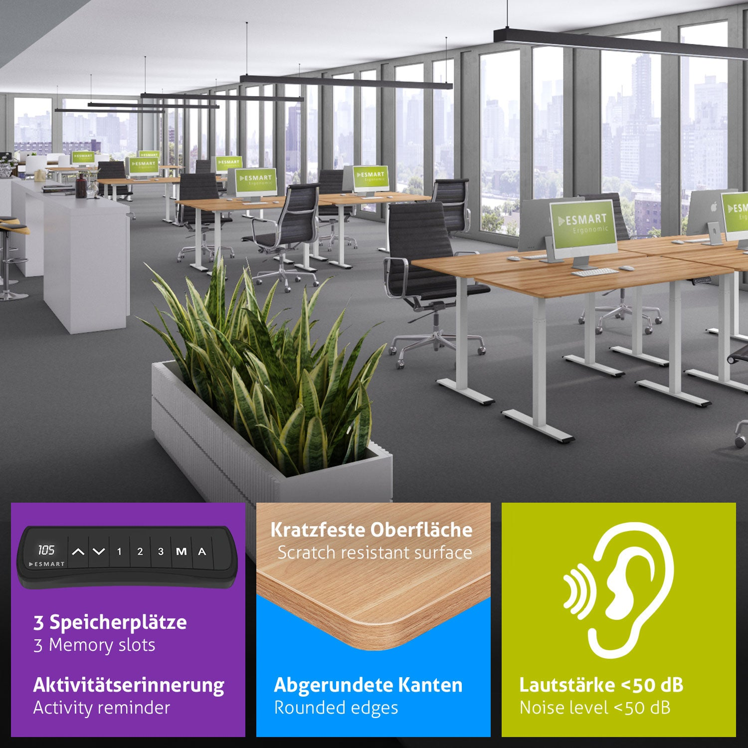 Ein Büro mit Schreibtischen, Stühlen, Computern und Pflanzen. Informationen auf dem Schreibtisch umfassen Kratzfestigkeit, Speicherplätze und Geräuschpegel.