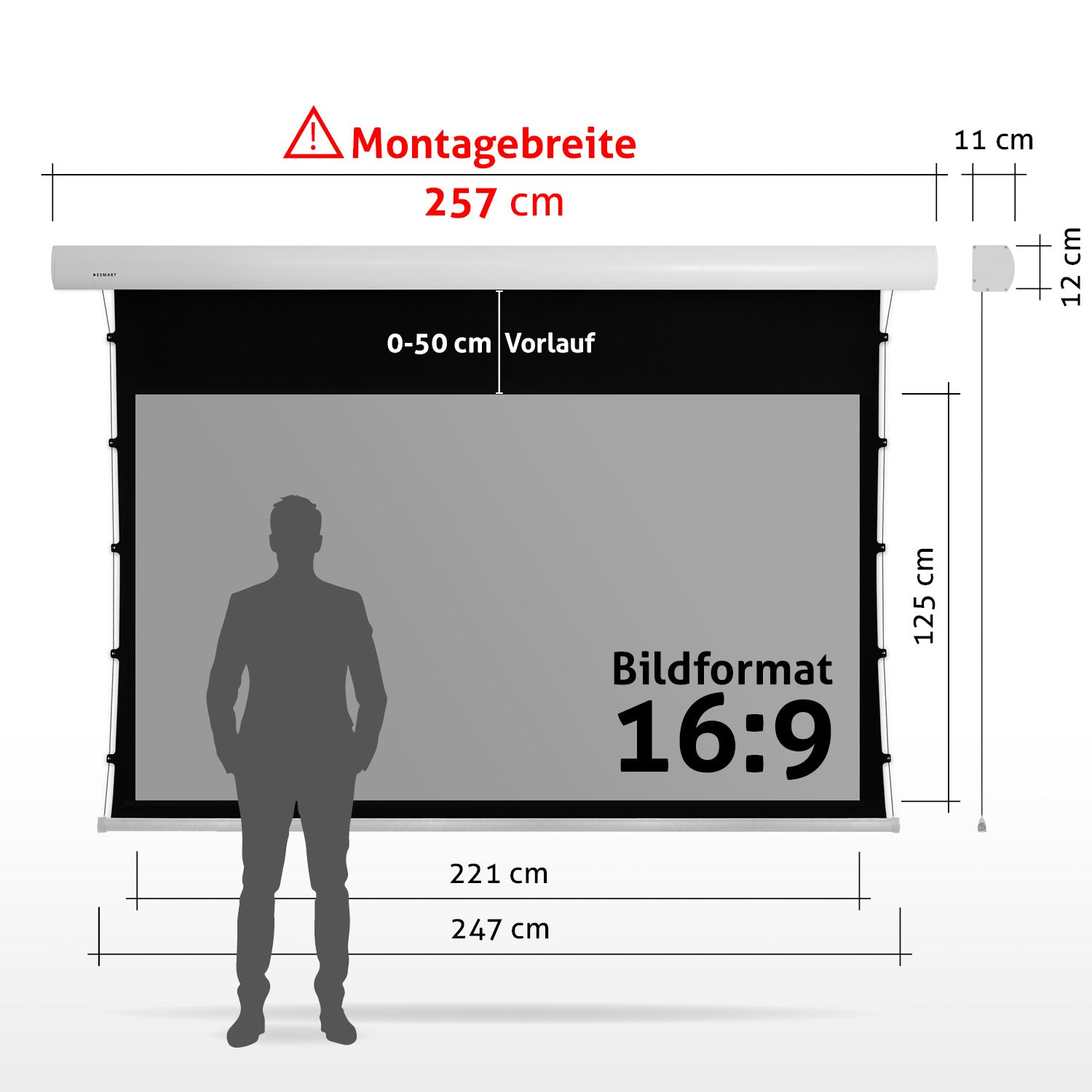 Eine Projektionsleinwand mit Maßen. Eine Person Silhouette steht davor. Text kennzeichnet Maße in cm und das Seitenverhältnis.