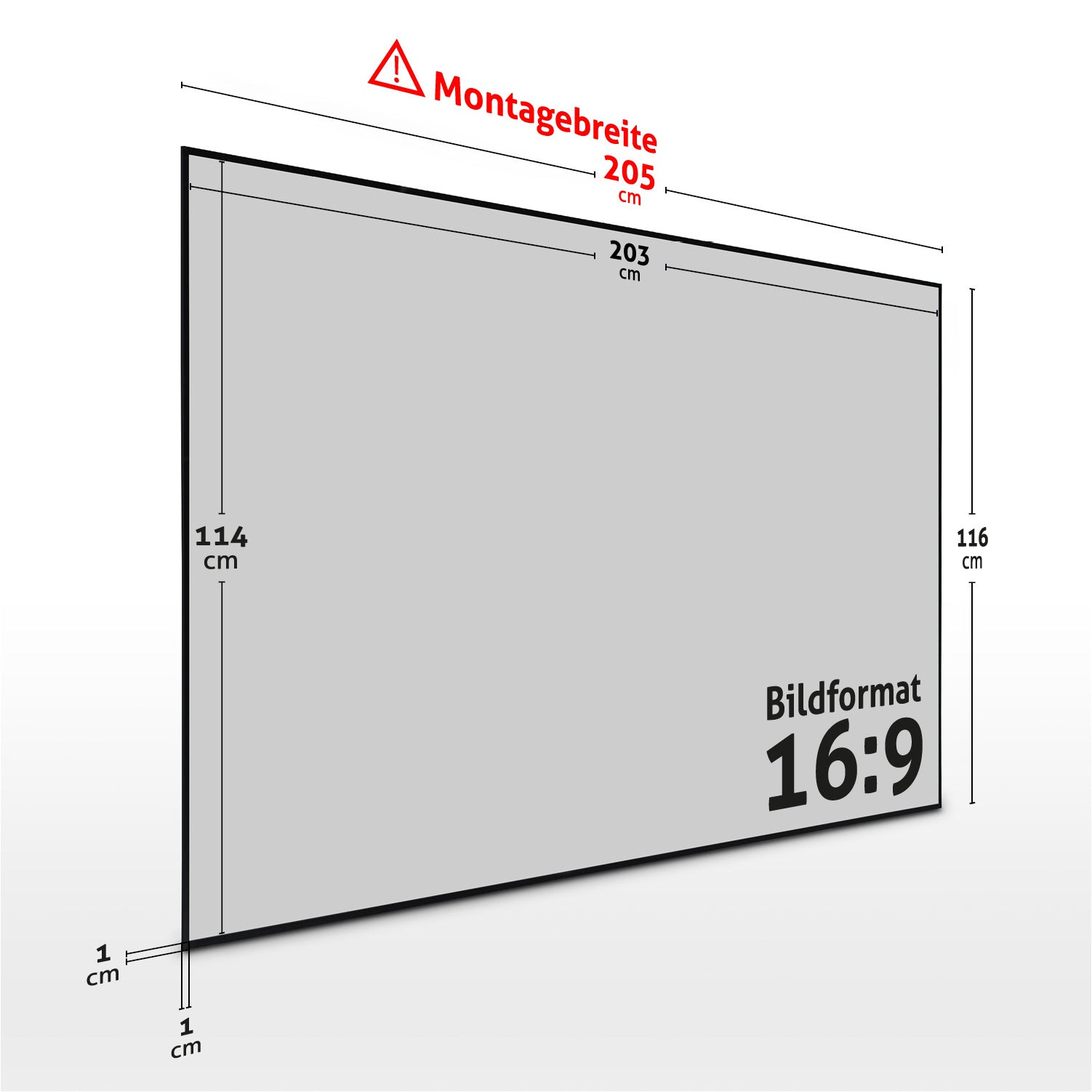 Diagramm eines Bildschirms mit Abmessungen und Seitenverhältnis. Mit deutschen Beschriftungen, darunter Maße in cm und das Format 16:9.