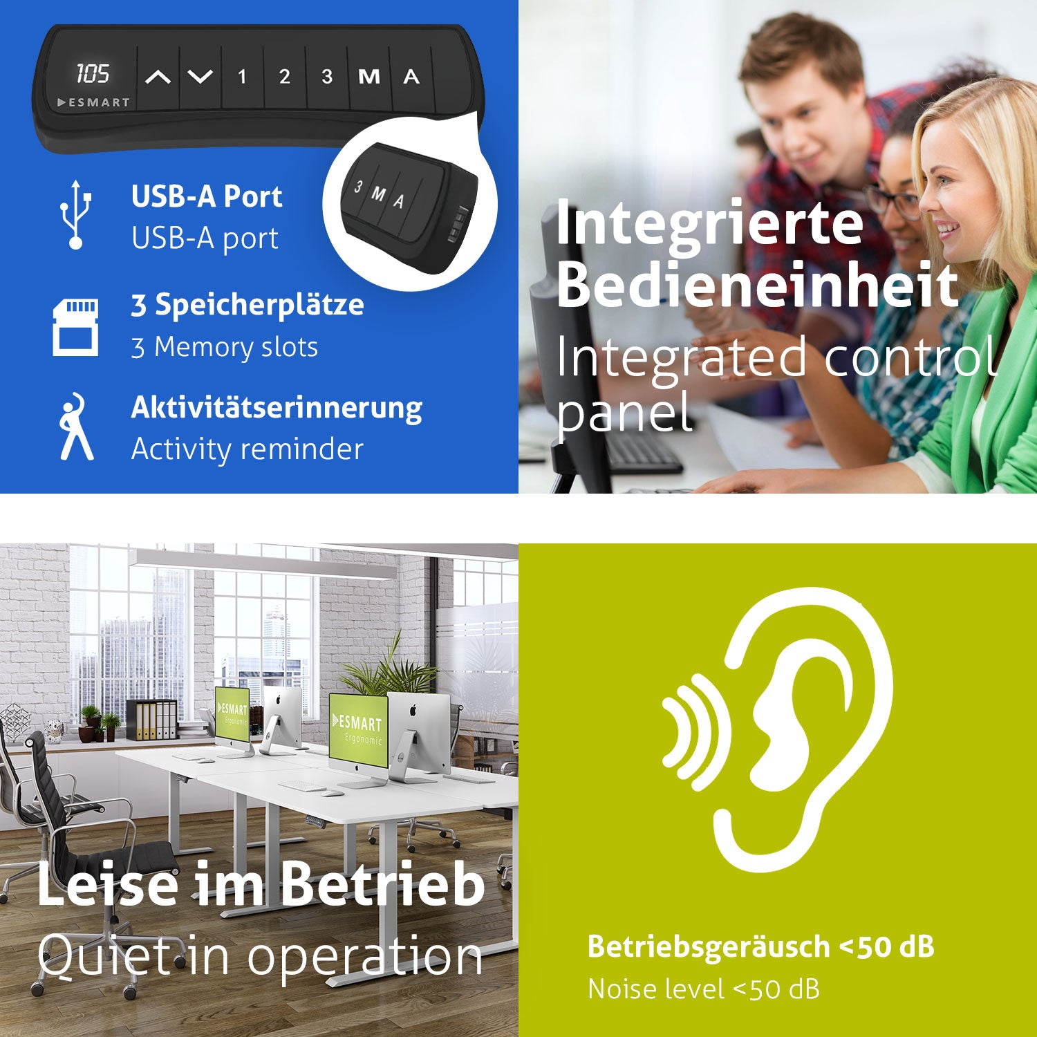 Das Bild zeigt ergonomische Büroausstattung: Bedienfeld, USB-Anschluss, Speicherplätze, Aktivitätserinnerung, Leute am Computer und geringe Geräusche.
