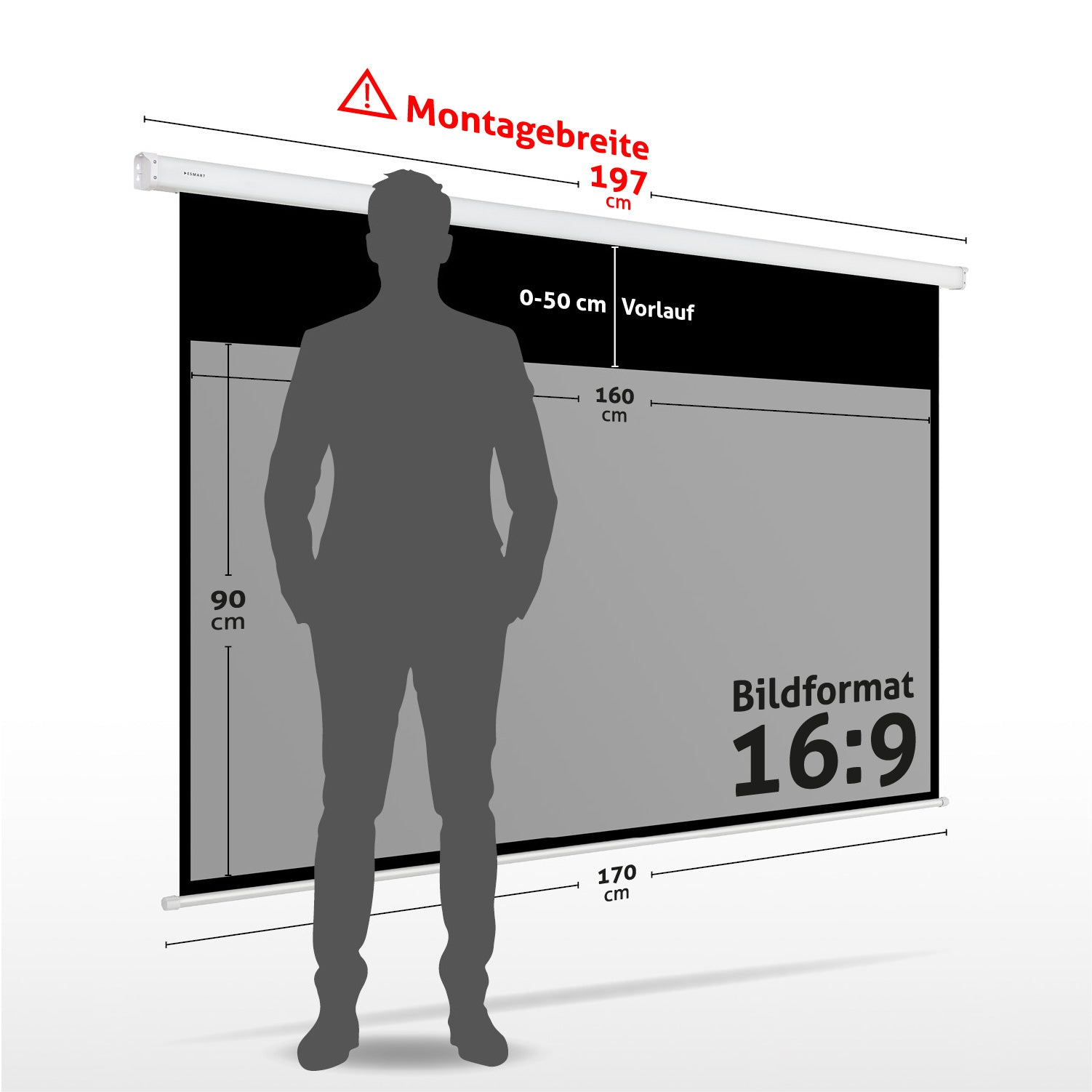 Ein Mann steht vor einer Projektorleinwand mit Abmessungen und Beschriftungen. Das Bildschirmformat ist 16:9, mit Maßen in cm.