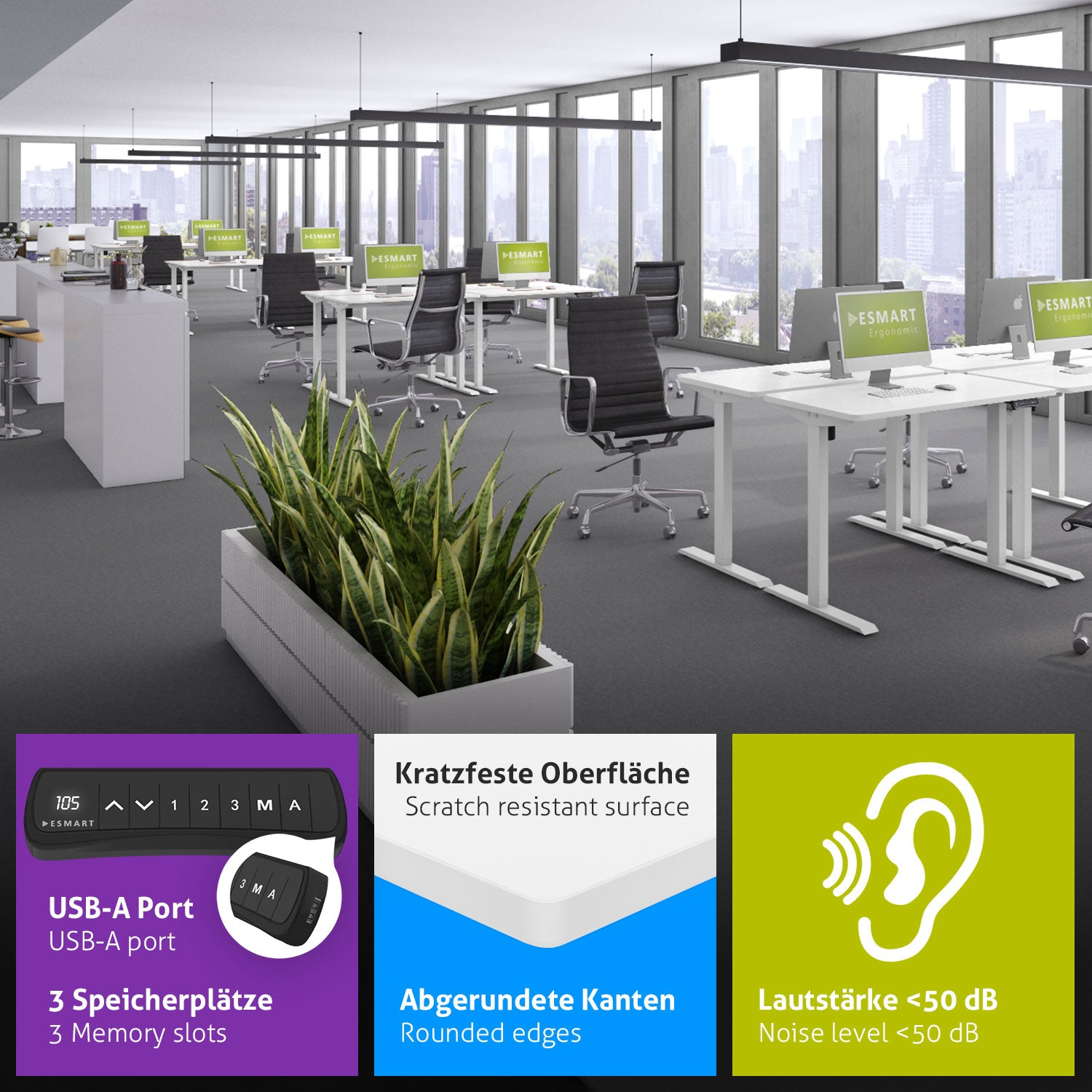 Ein Büro mit Schreibtischen, Stühlen, Computern und großen Fenstern. Im Vordergrund befinden sich Pflanzen und darunter Diagramme.