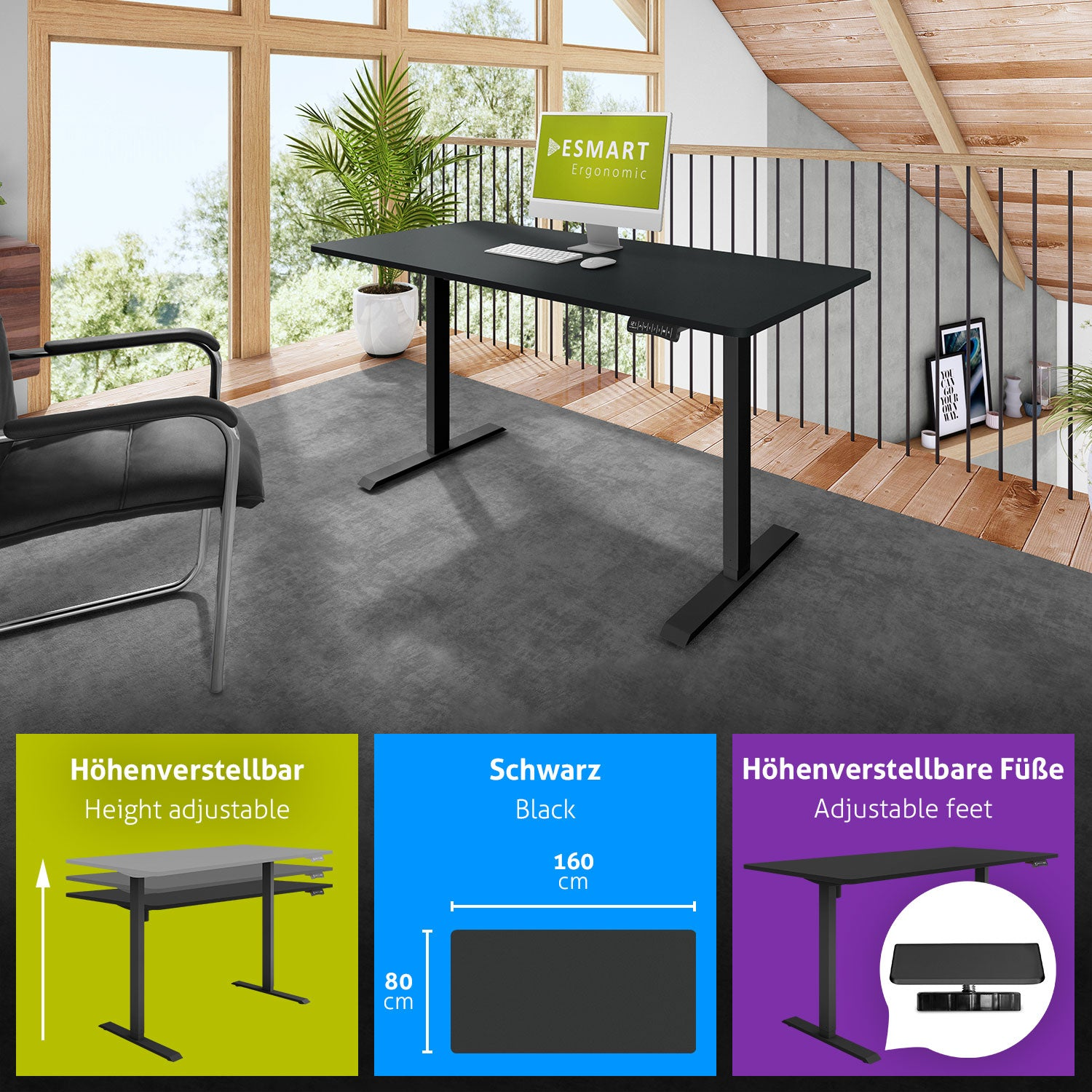 Schwarzer, höhenverstellbarer Schreibtisch mit Computer. Stuhl, Pflanze und Loft im Hintergrund. Infotafeln unten.