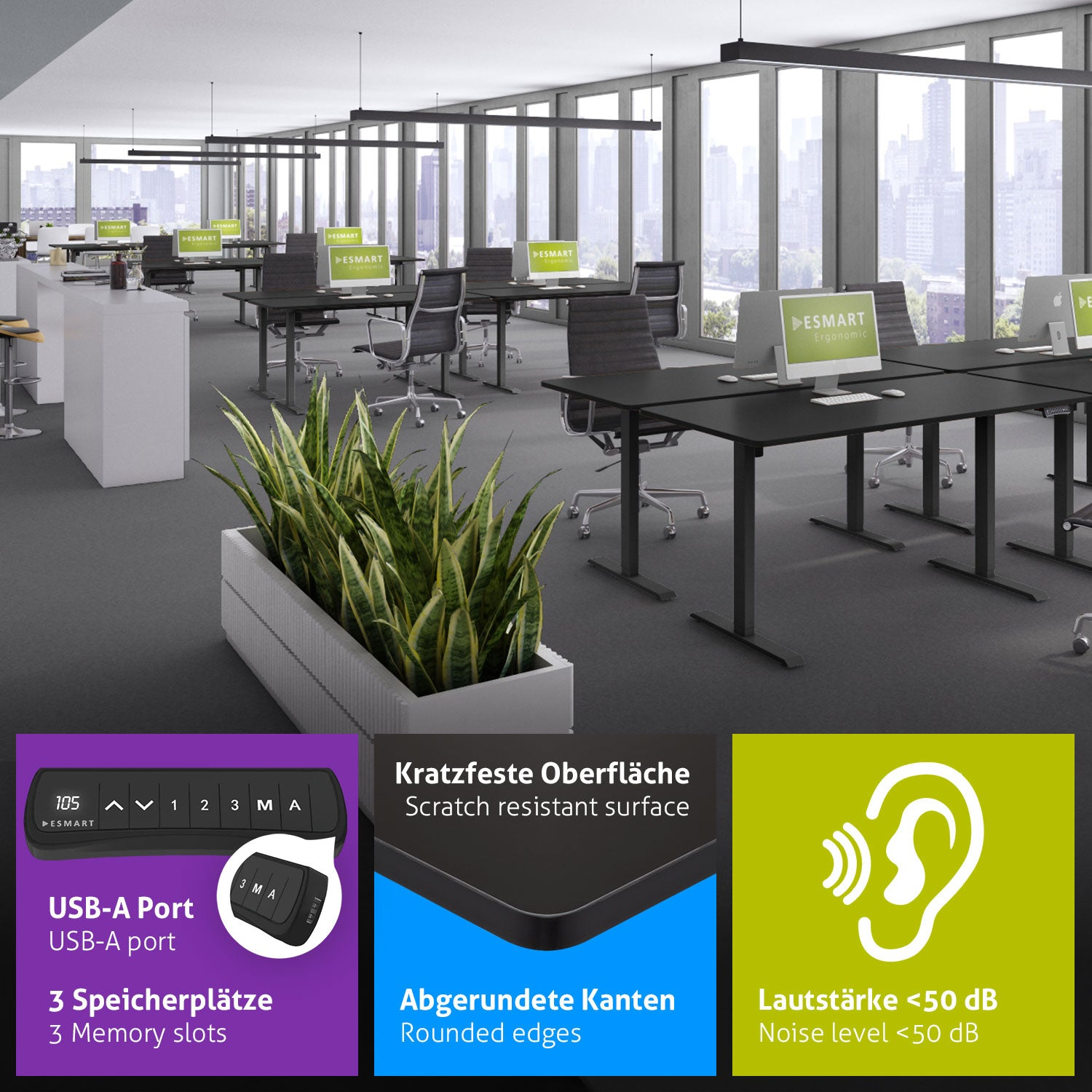 Ein Büro mit Schreibtischen, Stühlen, Computern und Pflanzen. Informationen zu Funktionen wie USB-A-Anschluss, abgerundeten Kanten und Geräuschpegel.