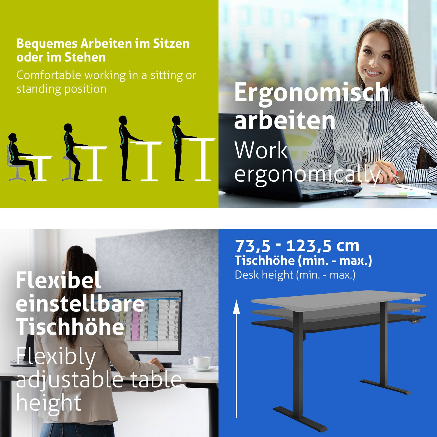 Das Bild zeigt ein ergonomisches Büro: arbeitende Menschen, verstellbarer Schreibtisch und Text über Sitzen/Stehen und Tischhöhe.