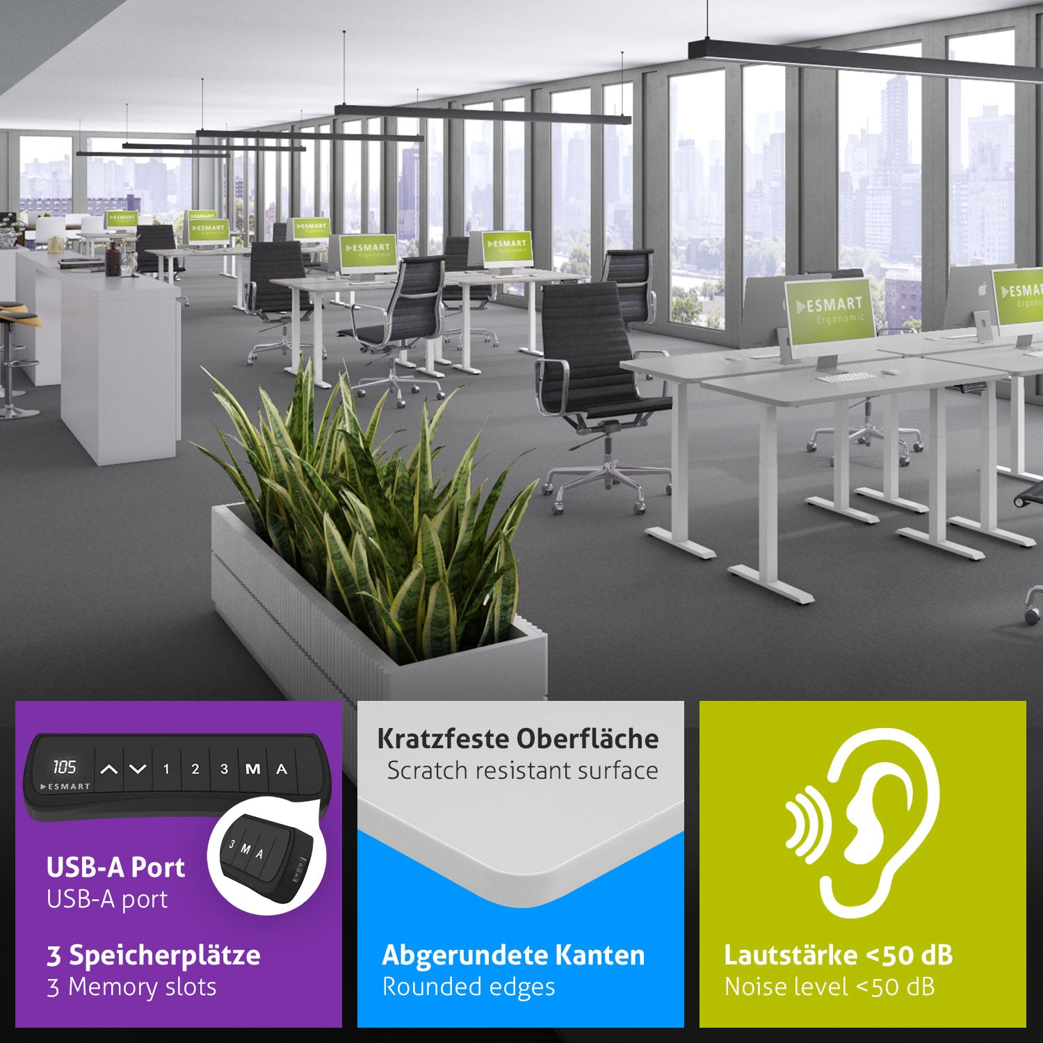 Ein Büro mit Schreibtischen, Stühlen und Computern. Eine große Pflanze steht im Vordergrund. Zu den Merkmalen gehören ein USB-Anschluss, abgerundete Kanten und geringe Geräusche.