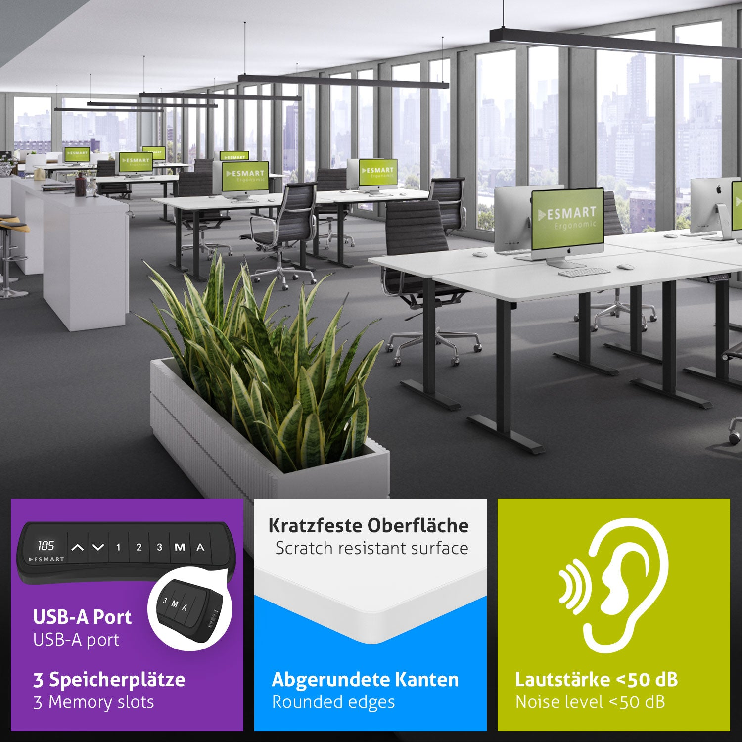 Ein Büro mit Schreibtischen, Stühlen, Computern und großen Fenstern mit Blick auf eine Stadt. Pflanzkästen befinden sich im Vordergrund, mit Funktionssymbolen.