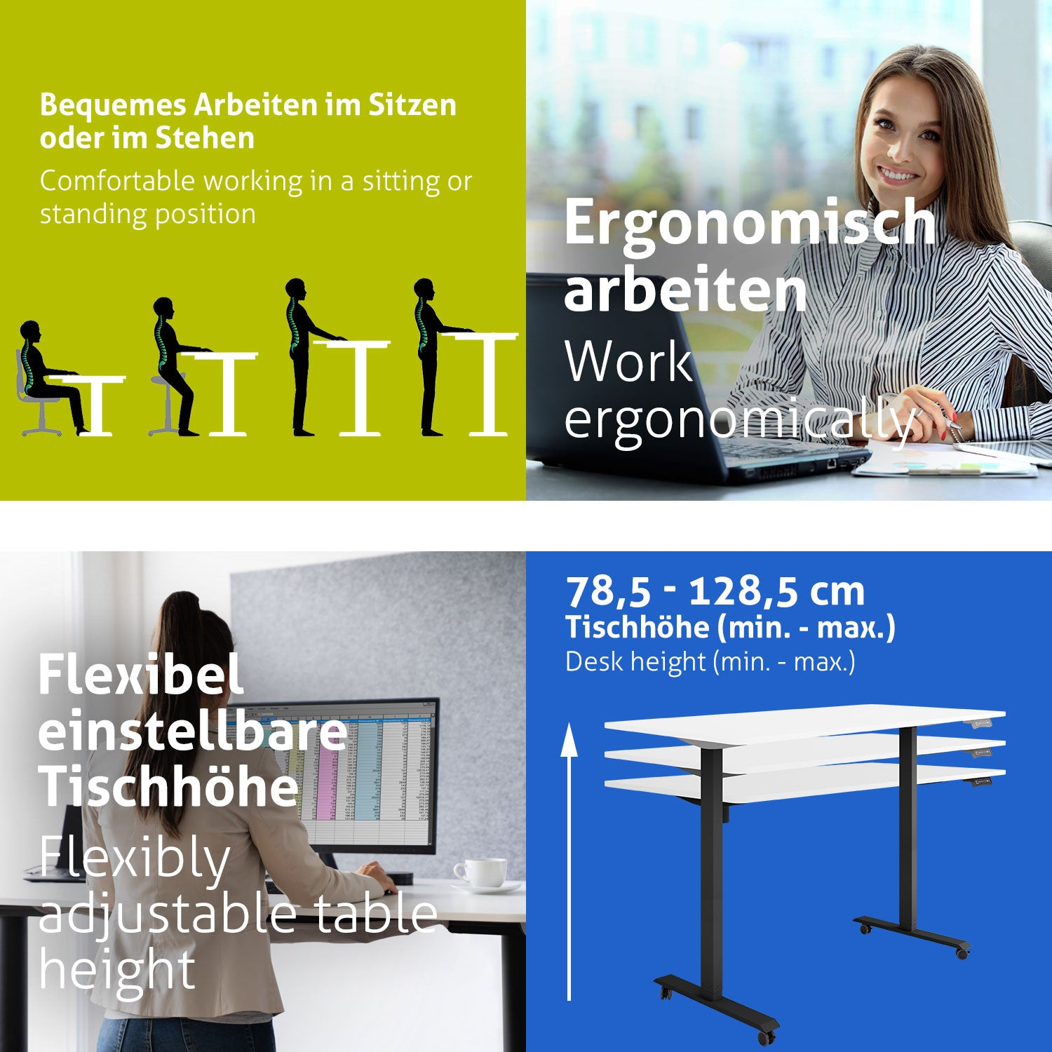 Das Bild zeigt ergonomische Arbeitsplatzkonzepte. Es zeigt Illustrationen von Sitz- und Stehpositionen, arbeitenden Personen und höhenverstellbaren Schreibtischen.