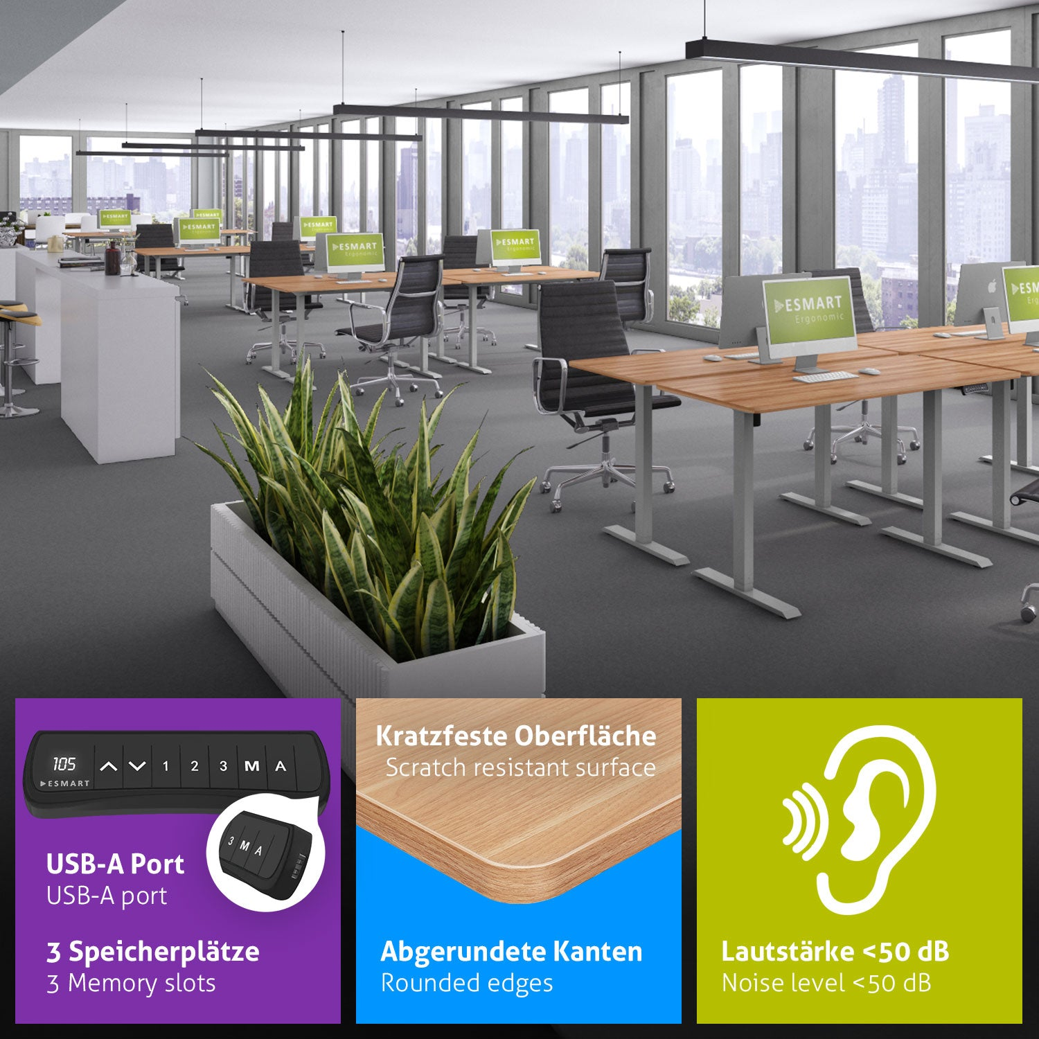 Ein Büro mit Schreibtischen, Stühlen, Computern und Pflanzen. Informationstafeln zeigen Funktionen wie USB, abgerundete Kanten und Geräuschpegel.