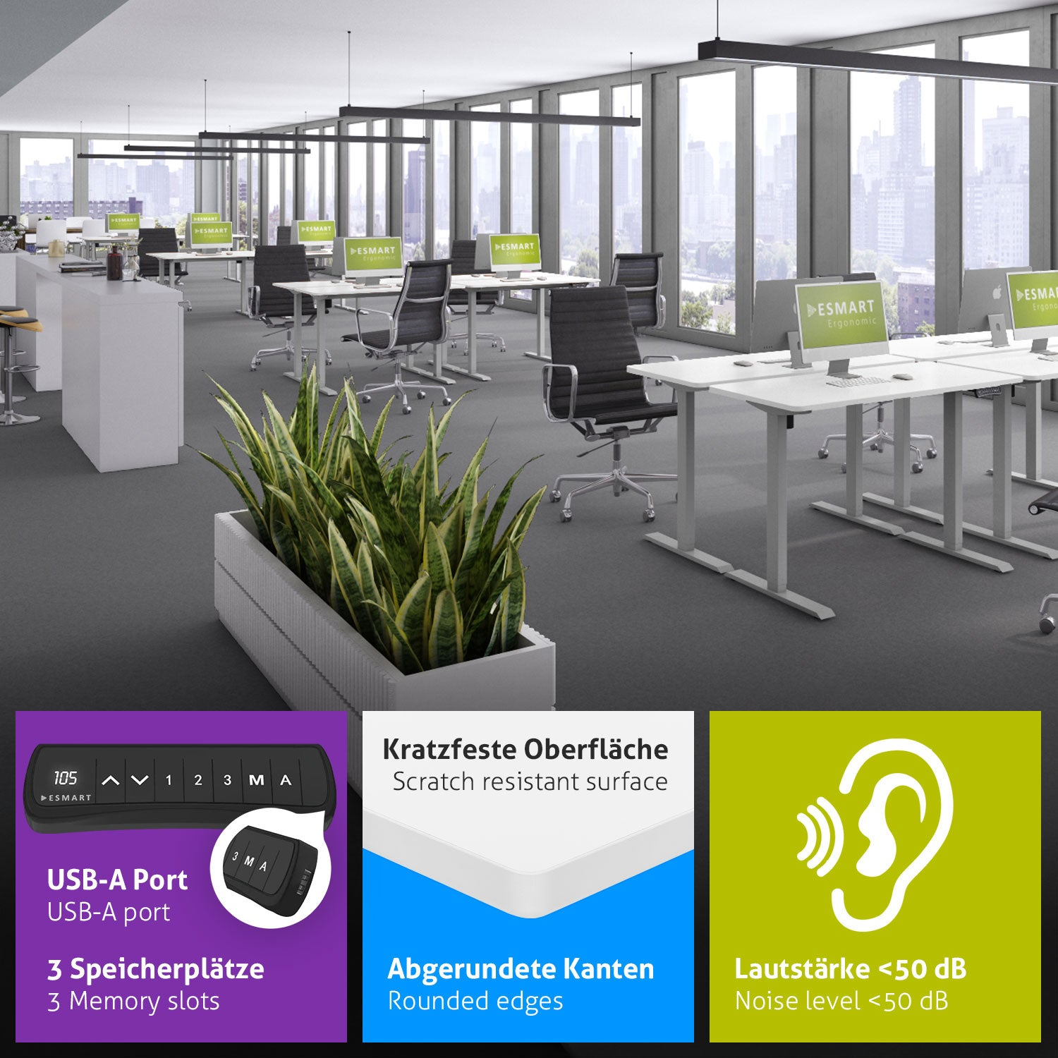 Ein Büro mit Schreibtischen, Stühlen und Pflanzen. Informationen zu Kratzfestigkeit, abgerundeten Kanten und Geräuschpegel.