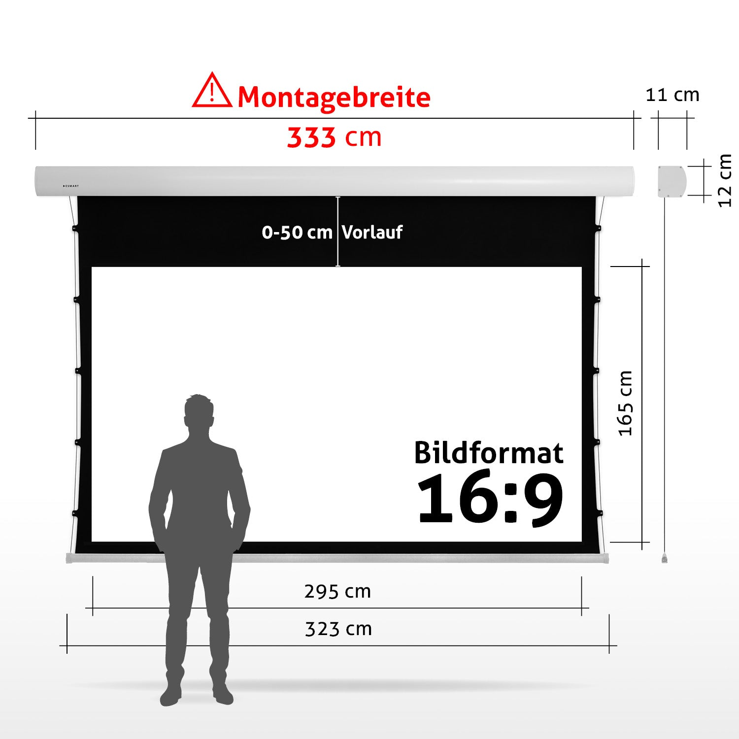 Diagramm einer Leinwand mit Abmessungen. Eine Personensilhouette steht davor. Text enthält Maße und Seitenverhältnis.