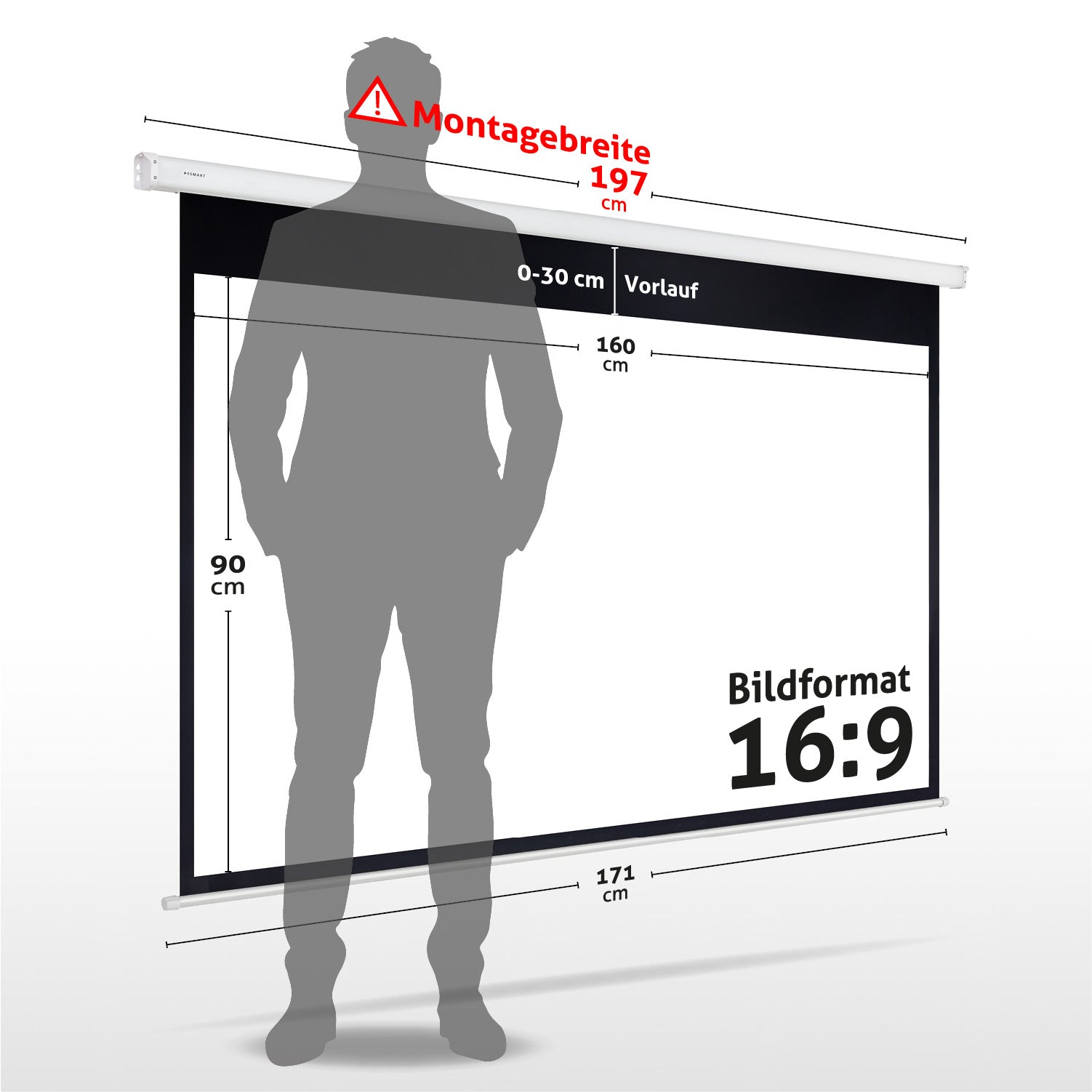 Eine Person steht vor einer Projektionsleinwand. Maße sind beschriftet: 197cm, 160cm, 90cm und 171cm. Das Format ist 16:9.