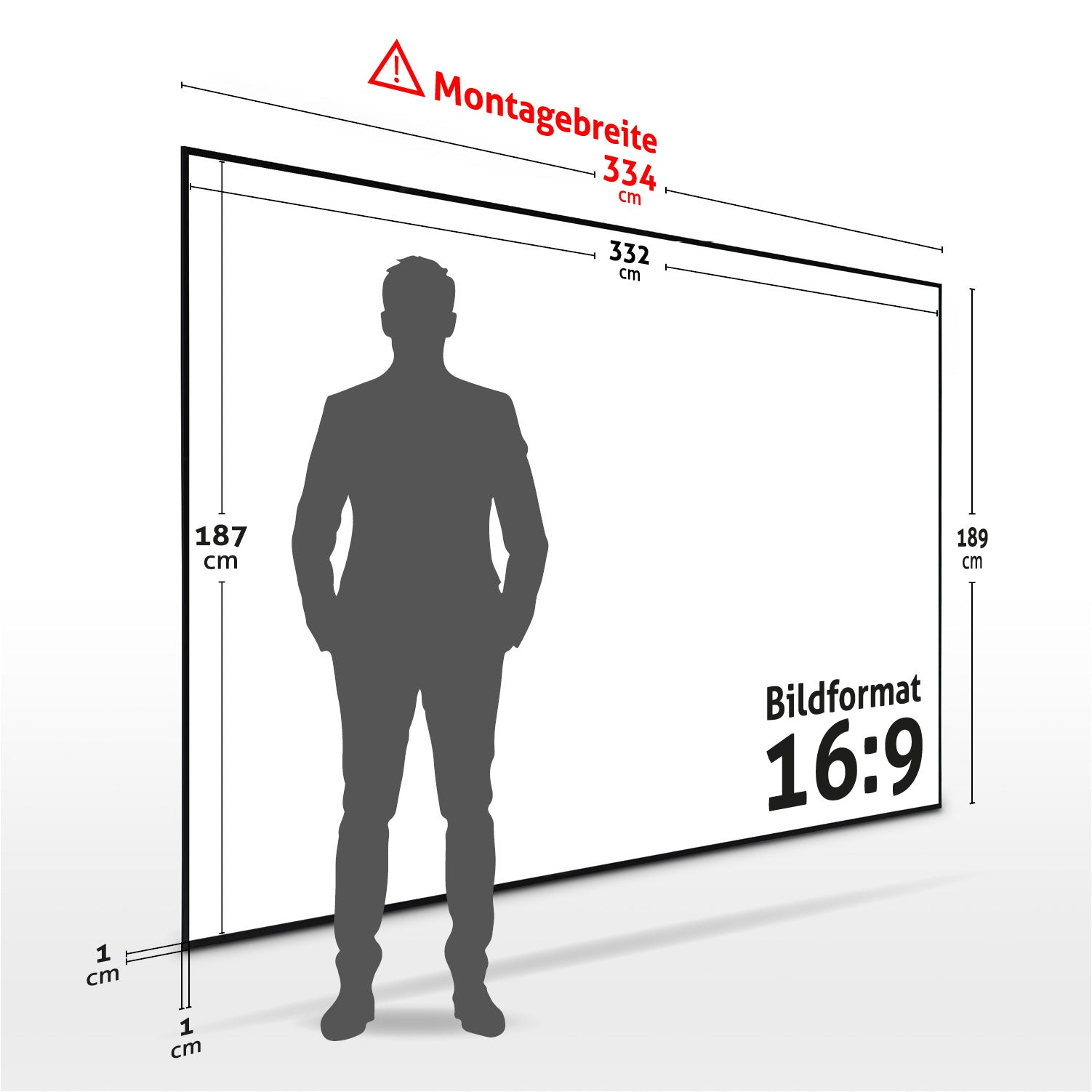 Die Silhouette eines Mannes steht vor einer großen Projektionsfläche. Abmessungen, einschließlich Breite und Höhe, und Seitenverhältnis 16:9 sind angegeben.