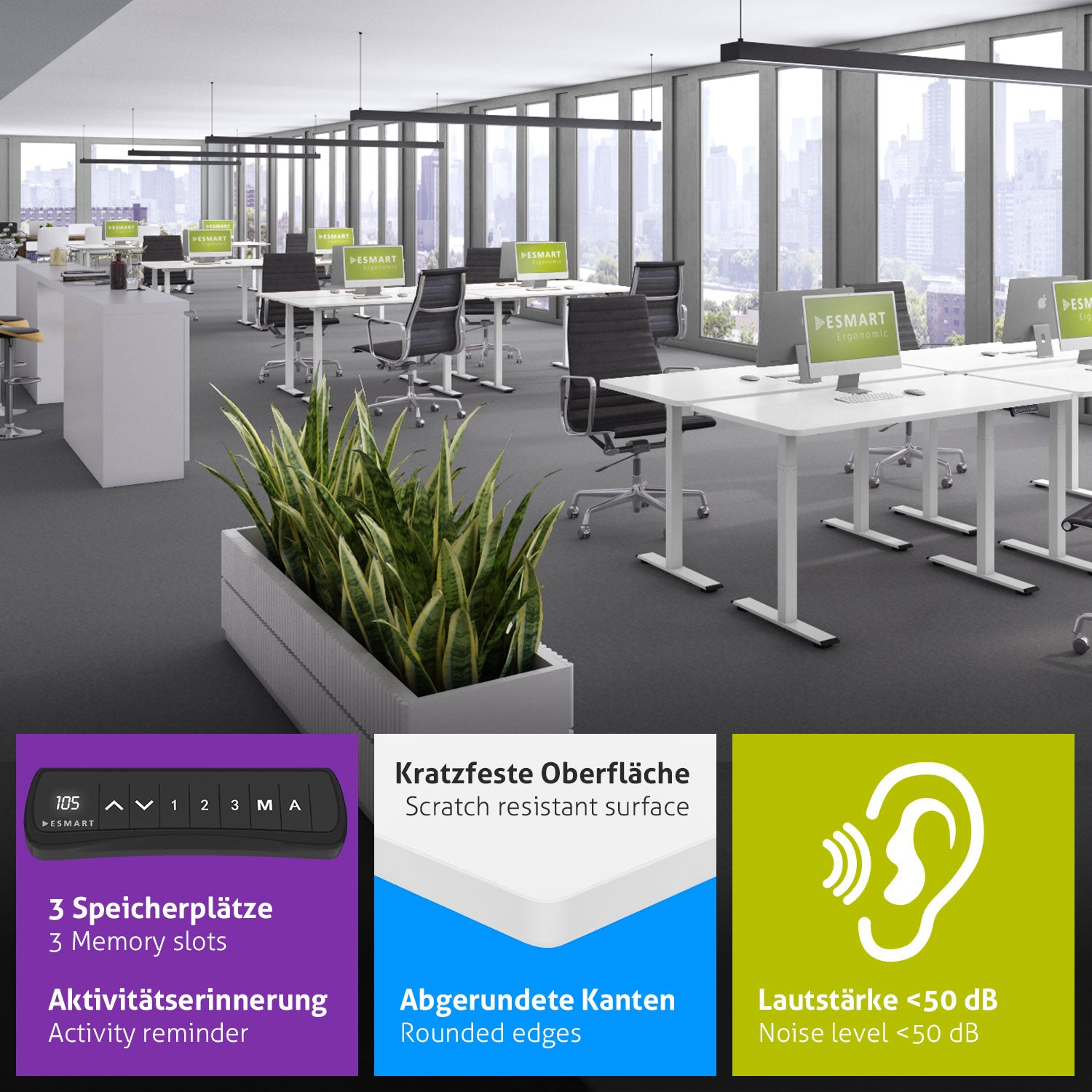 Ein Büro mit Schreibtischen, Stühlen, Computern und Pflanzen. Informationstafeln zeigen Eigenschaften wie Kratzfestigkeit und Geräuschpegel.