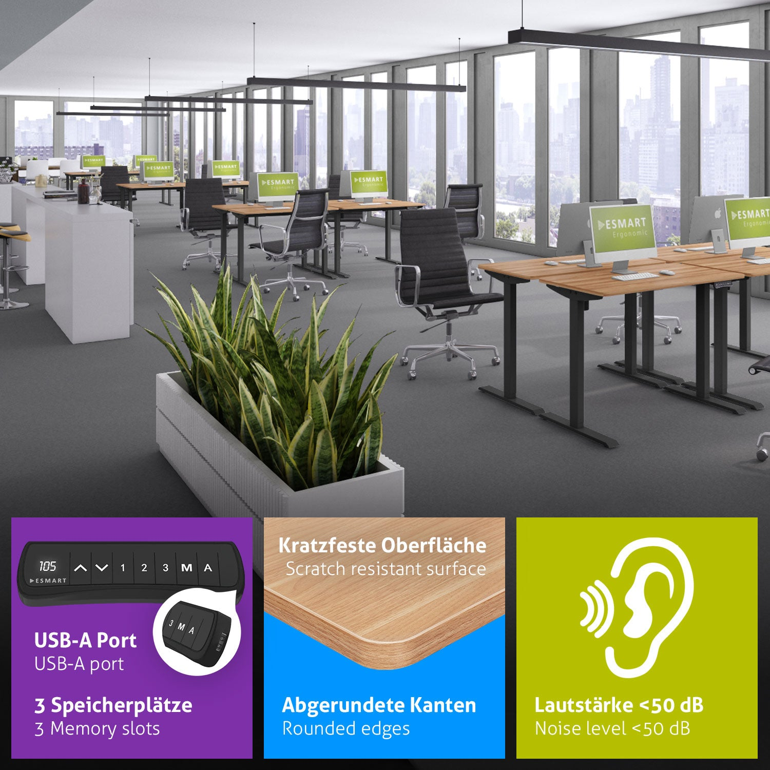 Ein Büro mit Schreibtischen, Computern und Stühlen. Eine Pflanze befindet sich im Vordergrund. Der Hintergrund hat einen Blick auf die Stadt.
