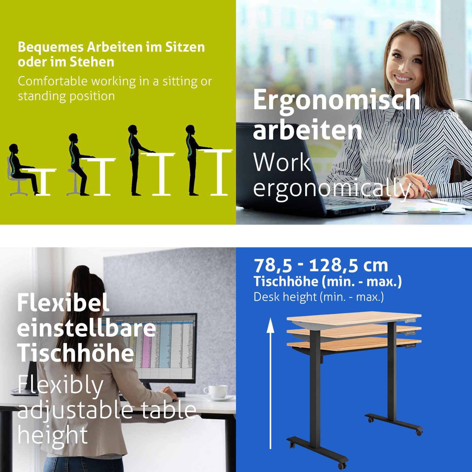 Das Bild zeigt ergonomische Schreibtische, eine arbeitende Frau, höhenverstellbare Tischhöhe und einen Höhenbereich von 78,5-128,5 cm.