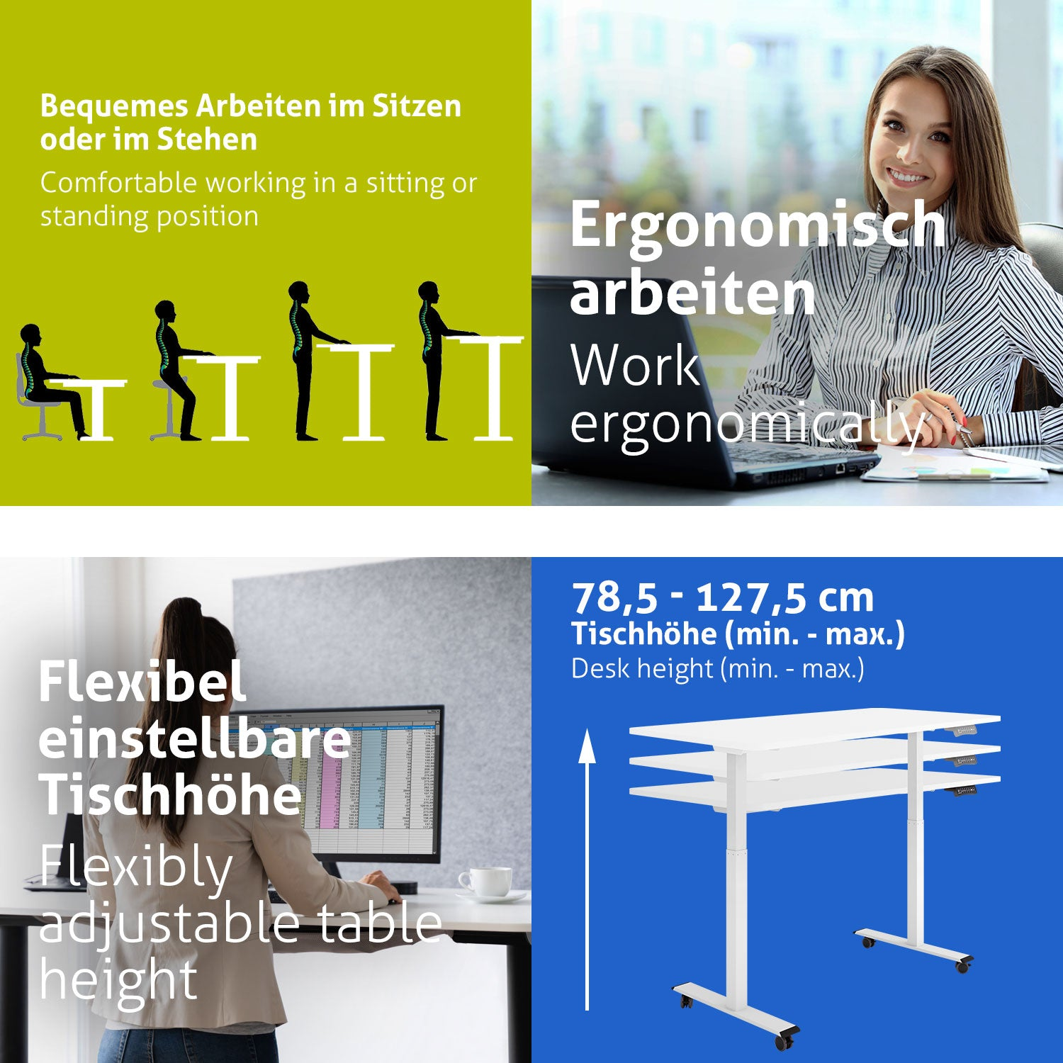 Das Bild zeigt ergonomisches Arbeiten. Es zeigt sitzende und stehende Personen, eine lächelnde Frau und einen höhenverstellbaren Schreibtisch.