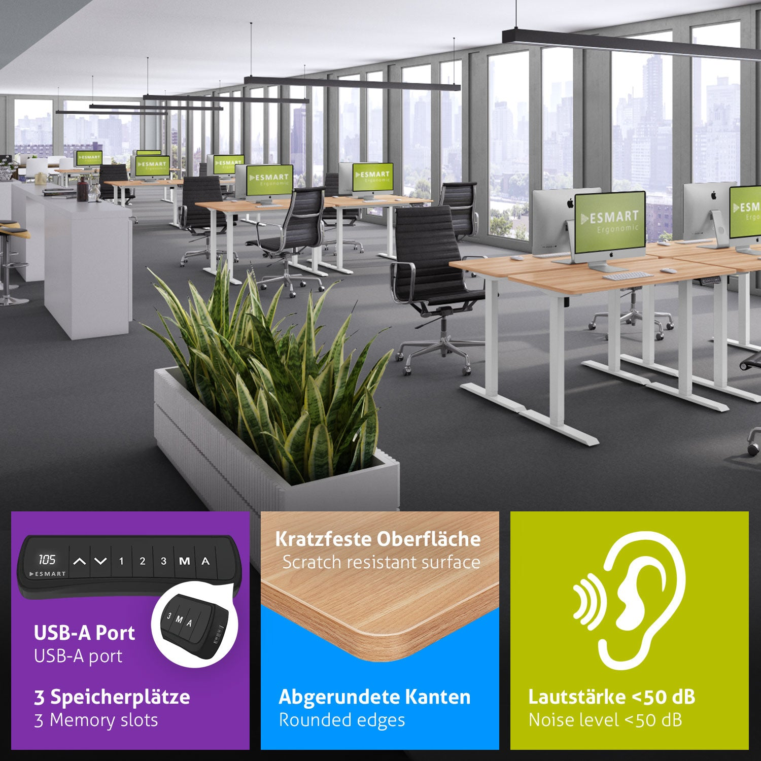 Ein Büro mit Schreibtischen, Stühlen, Computern und großen Fenstern. Pflanzen im Vordergrund. Merkmale: USB-A-Anschluss, abgerundete Kanten, geringe Geräusche.