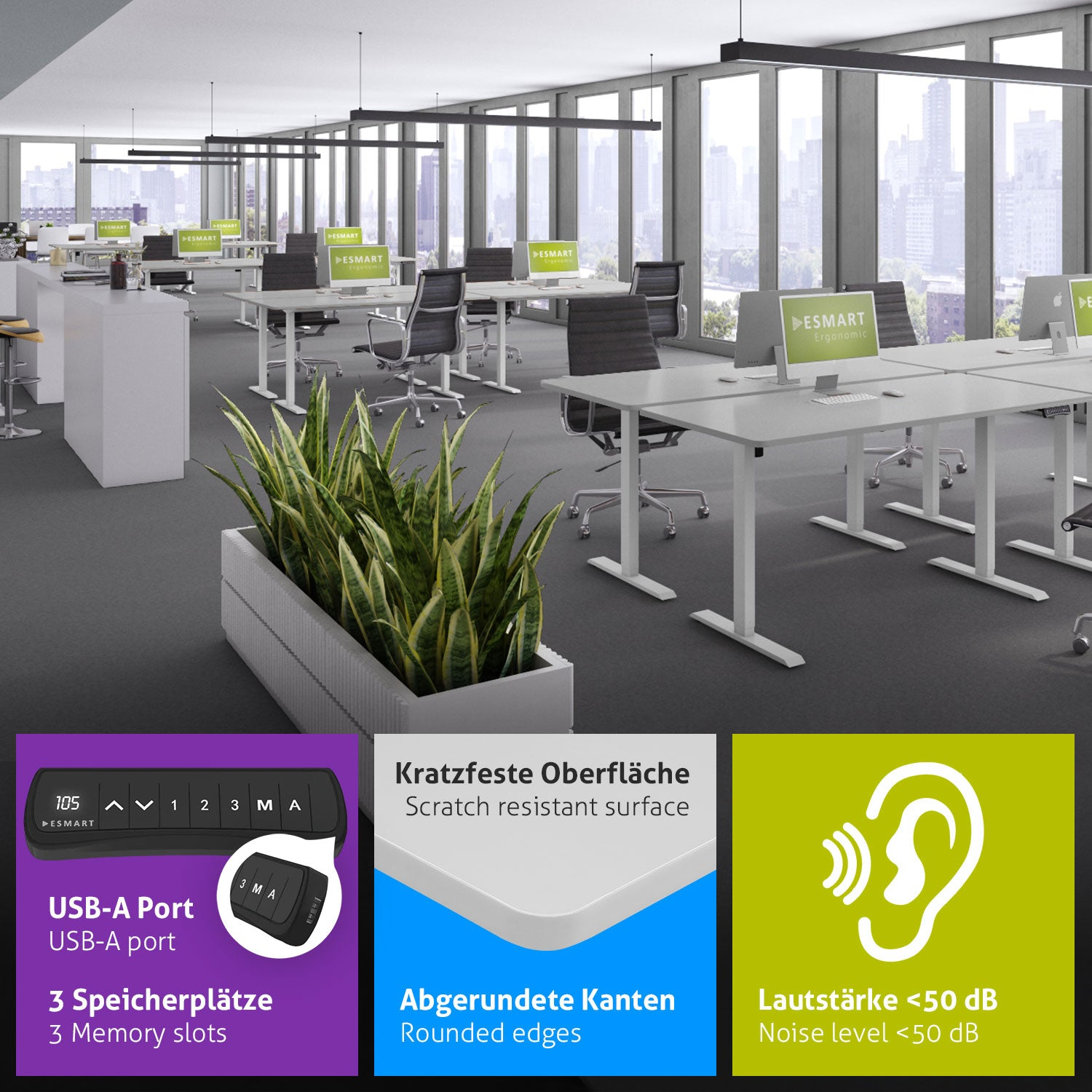 Ein Büro mit Schreibtischen, Stühlen und Computern. Ein Pflanzkübel mit Pflanzen befindet sich im Vordergrund. Symbole zeigen USB-Anschluss, Kratzfestigkeit und Geräuschpegel.