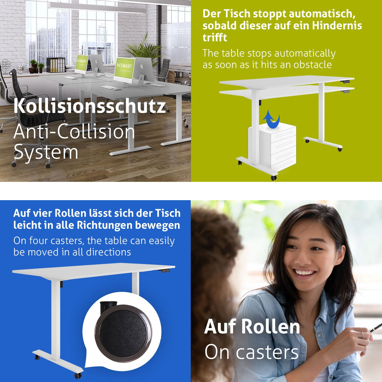 Das Bild zeigt ein Büro mit Schreibtischen, einem Kollisionsschutzsystem und einer lächelnden Frau. Die Tische haben Rollen und sind leicht beweglich.
