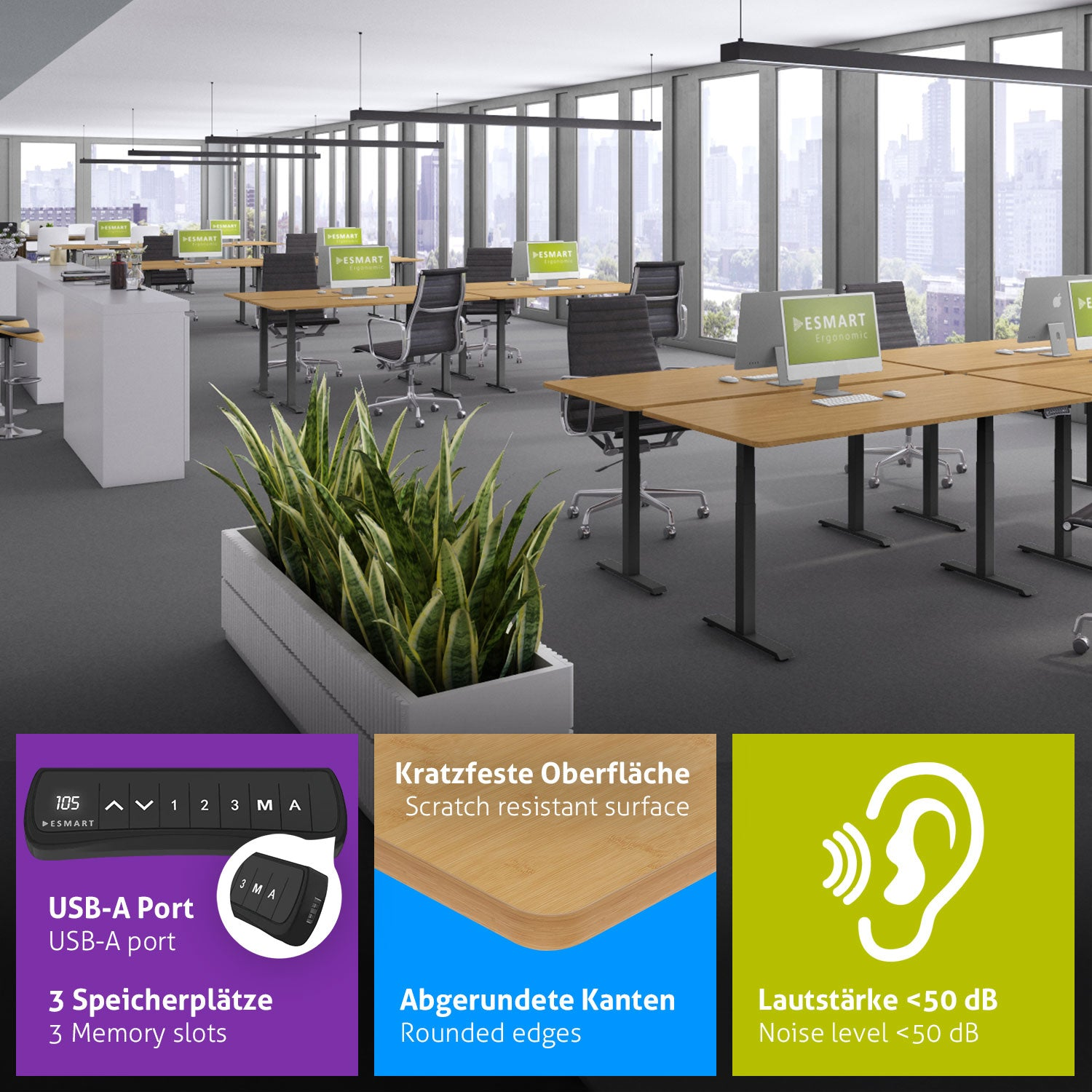Büro mit Schreibtischen, Computern, Stühlen und Pflanzen. Informationen zu USB-Anschluss, Speicherplätzen, kratzfester Oberfläche und Geräuschpegel.