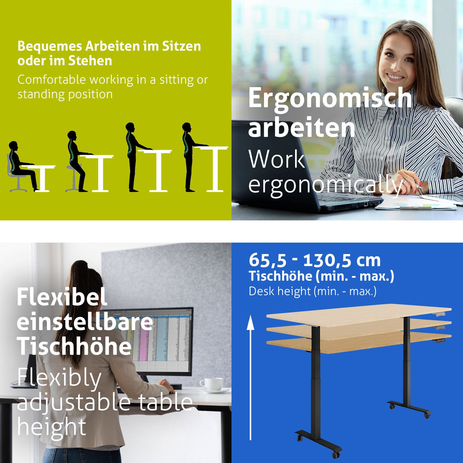 Das Bild zeigt ergonomische Schreibtischkonfigurationen: Sitzen, Stehen. Frau lächelt am Schreibtisch, Text sagt 'Ergonomisch arbeiten'. Einstellbare Tischhöhe.