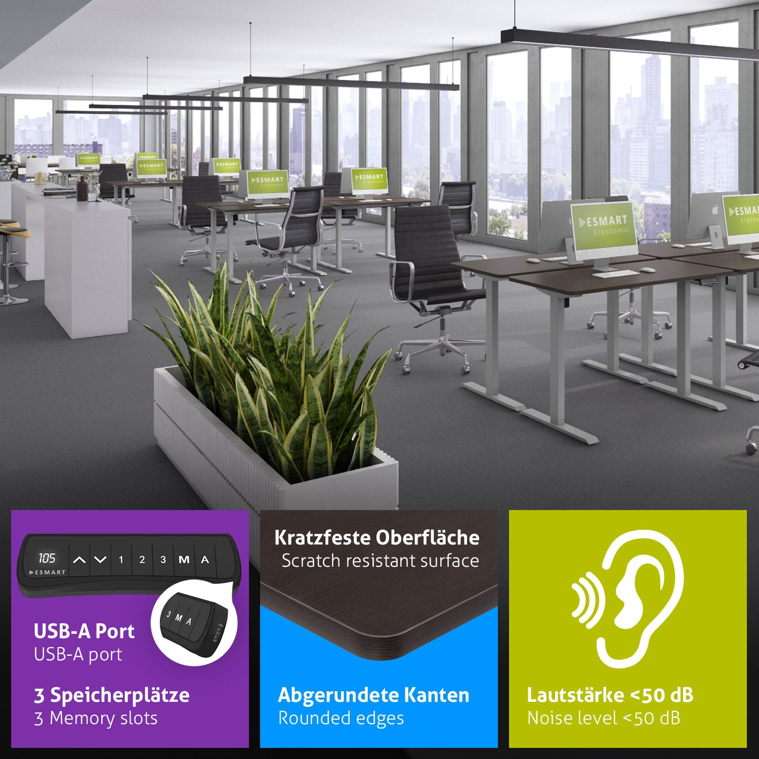 Ein Büro mit Schreibtischen, Stühlen und Computern. Ein großer Pflanzentopf im Vordergrund, mit Fenstern, die eine Stadt zeigen.