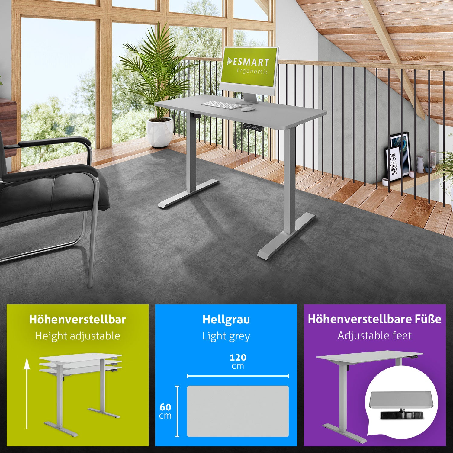 Ein grauer, höhenverstellbarer Schreibtisch in einem modernen Büroraum. Enthält einen Computer, einen Stuhl und eine Pflanze. Fenster im Hintergrund.