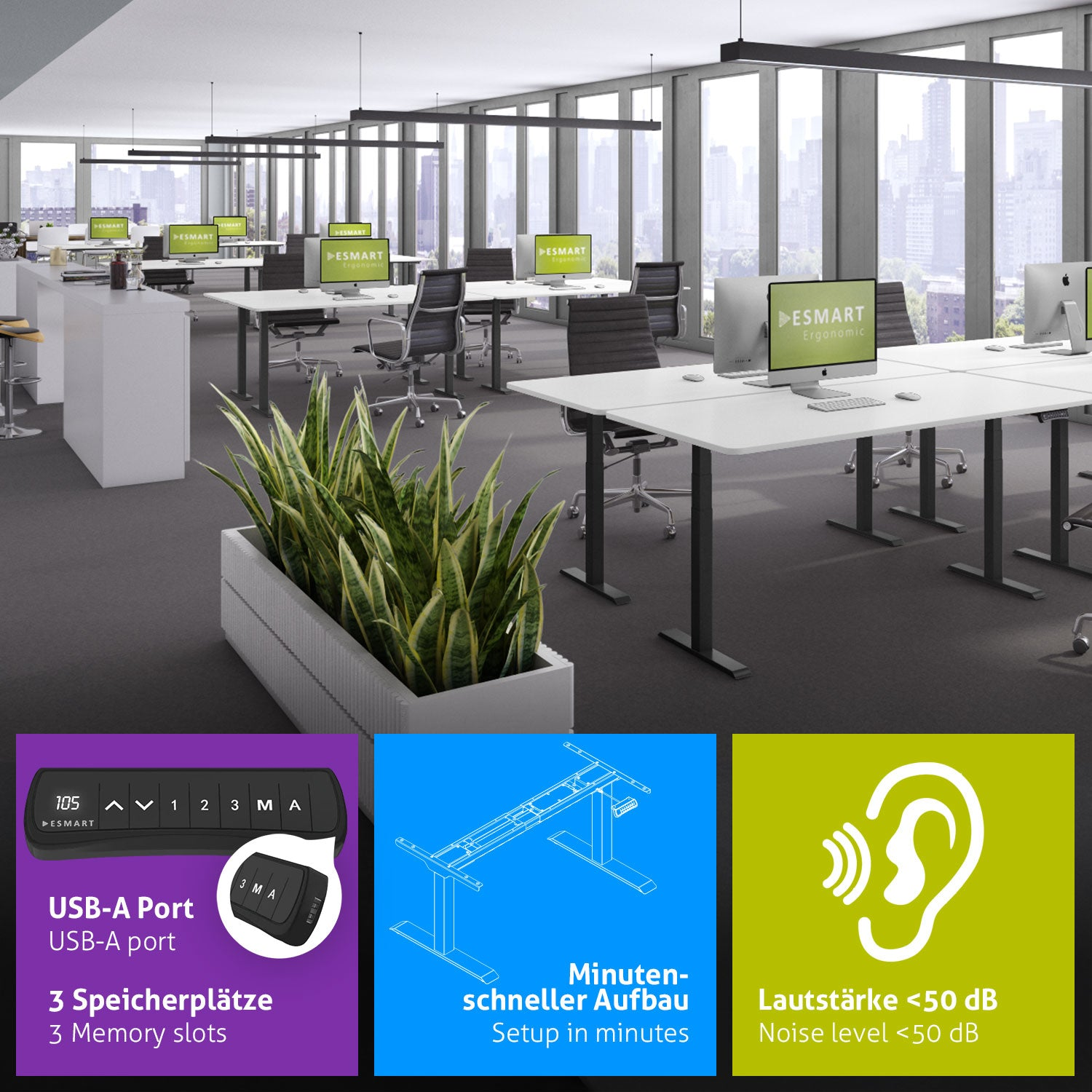 Ein Büro mit Schreibtischen und Computern. Pflanzen im Vordergrund. Symbole für USB-Anschluss, schnellen Aufbau und Geräuschpegel.