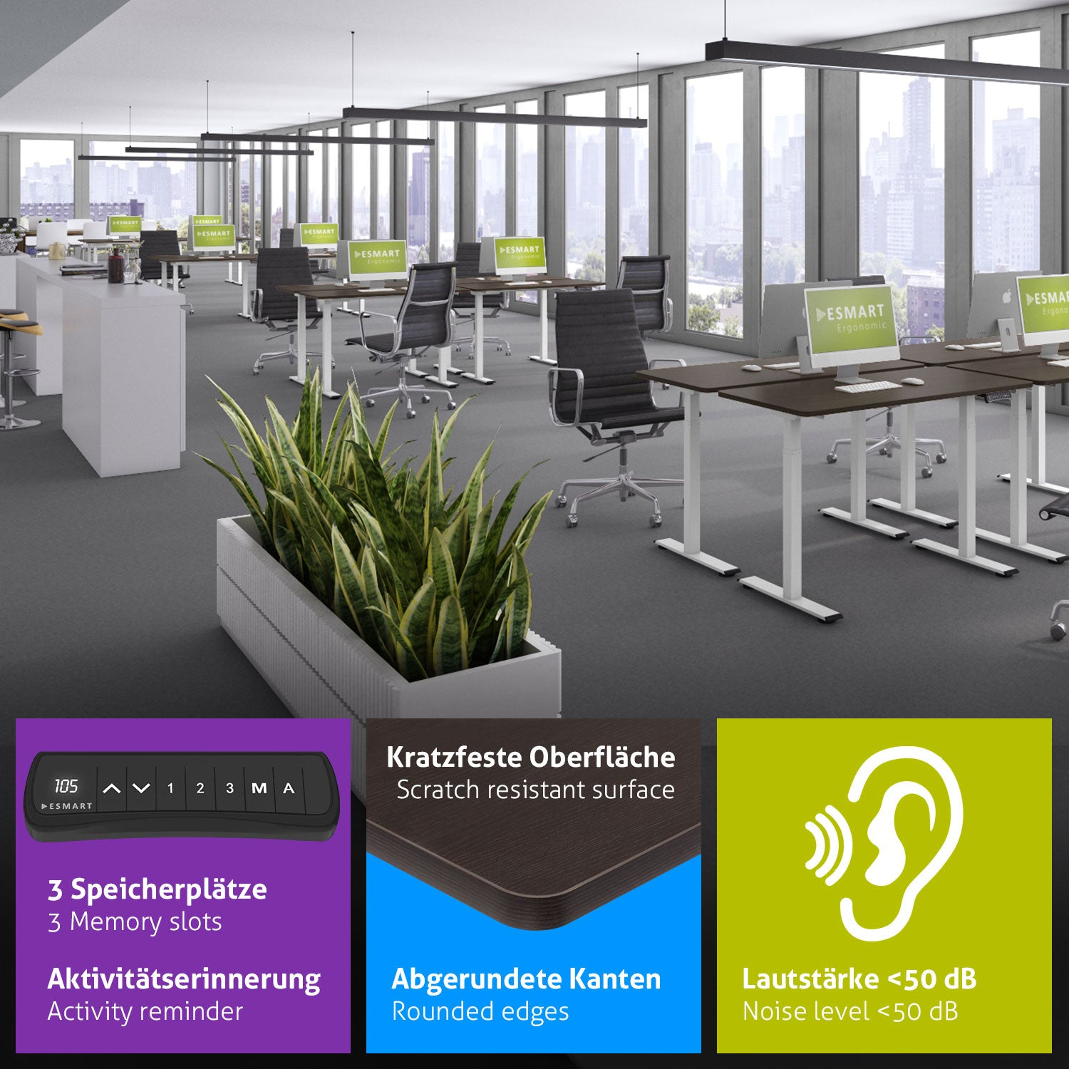 Ein Büro mit Schreibtischen, Stühlen und Computern. Eine Pflanze befindet sich im Vordergrund. Funktionen und Spezifikationen werden ebenfalls angezeigt.