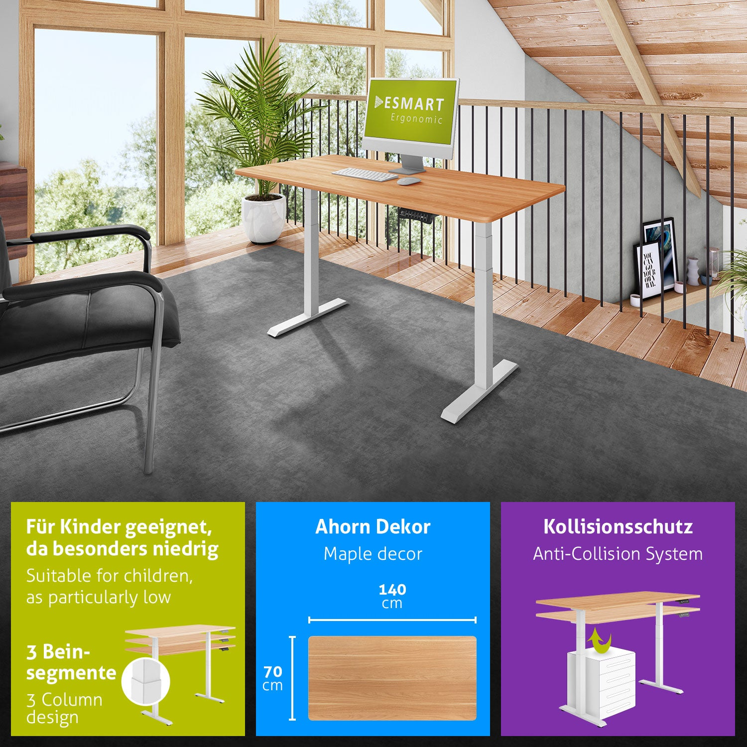 Ein moderner Bürotisch mit Ahorndekor-Oberfläche, weißen Beinen und einem Computermonitor. Im Hintergrund sind Fenster und eine Pflanze.