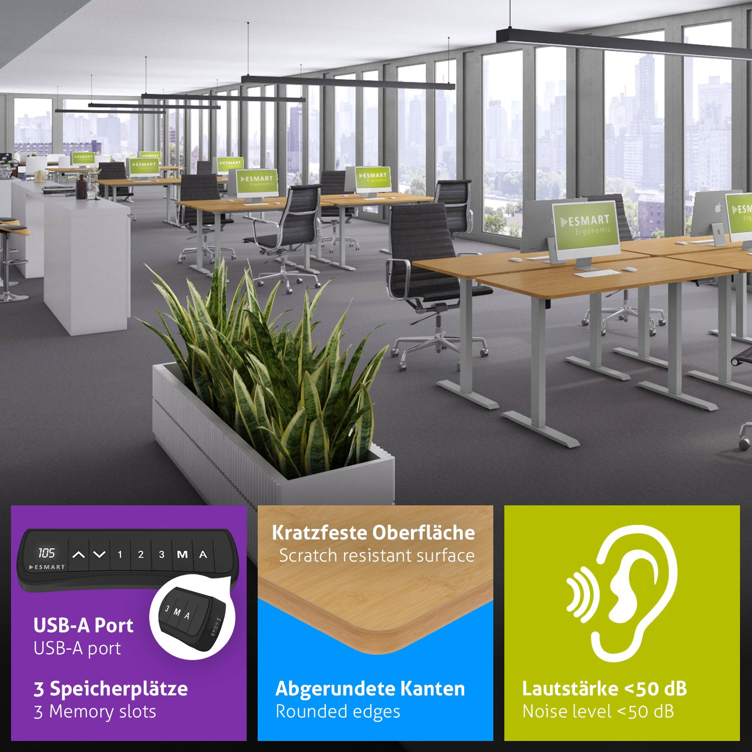 Ein Büro mit Schreibtischen, Stühlen, Computern und Pflanzen. Infoboxen zeigen Funktionen wie USB-Anschluss, Speicherplätze und Geräuschpegel.
