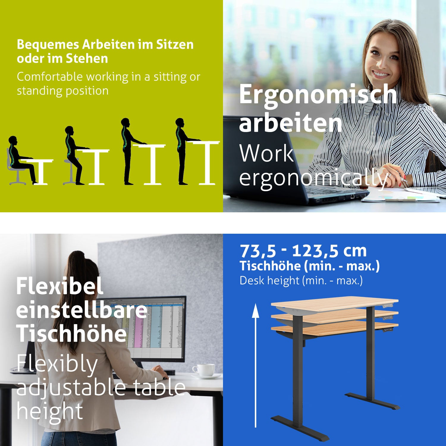 Das Bild zeigt ergonomische Schreibtischkonfigurationen mit Text, der eine flexible Höhenverstellung und bequeme Sitz-/Stehpositionen anzeigt.