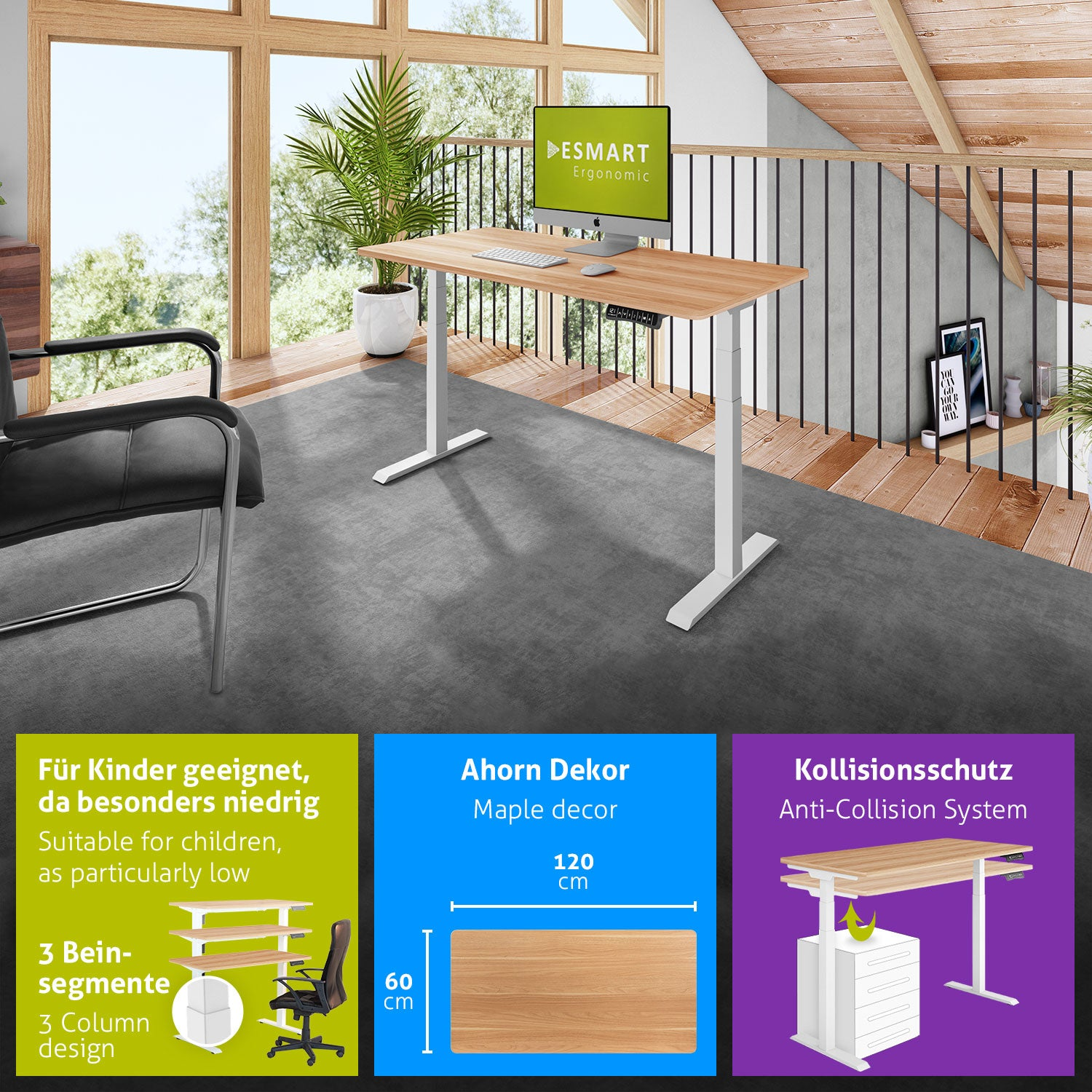 Ein moderner Schreibtisch mit Holzplatte, weißen Beinen und einem Computermonitor. Es befindet sich in einem Raum mit Fenster und Pflanze.
