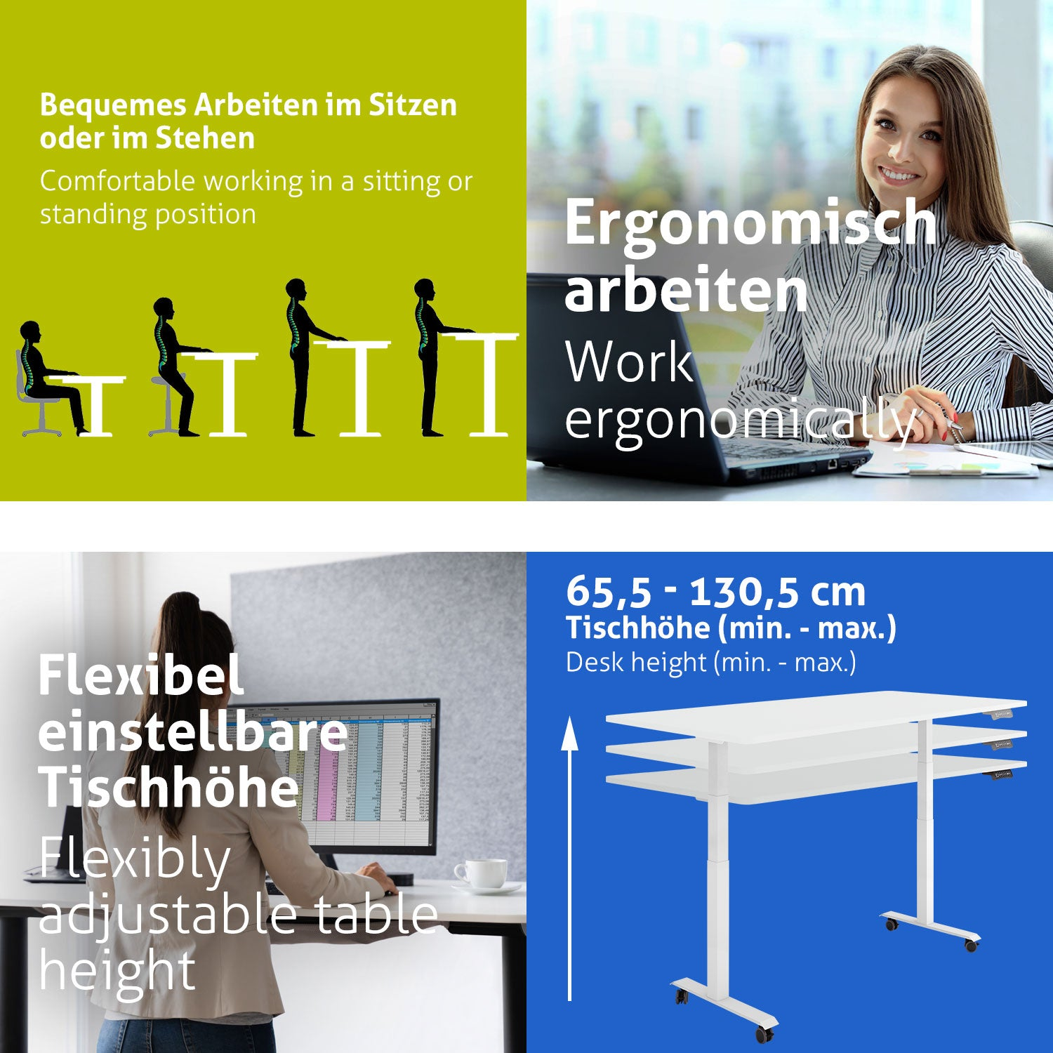 Das Bild zeigt ergonomisches Arbeiten. Es zeigt eine arbeitende Frau, eine verstellbare Tischhöhe und Diagramme mit Sitz- und Stehpositionen.