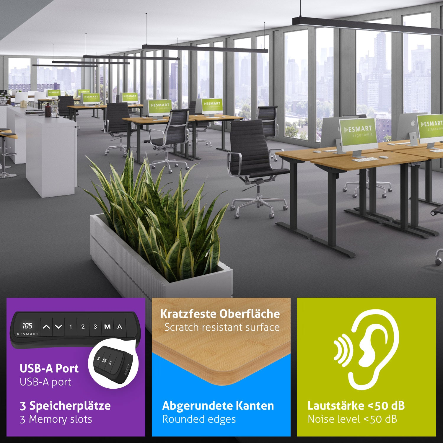 Ein Büro mit Schreibtischen, Stühlen und Computern. Merkmale: USB-A-Anschluss, abgerundete Kanten, kratzfeste Oberfläche, Geräuschpegel unter 50 dB.