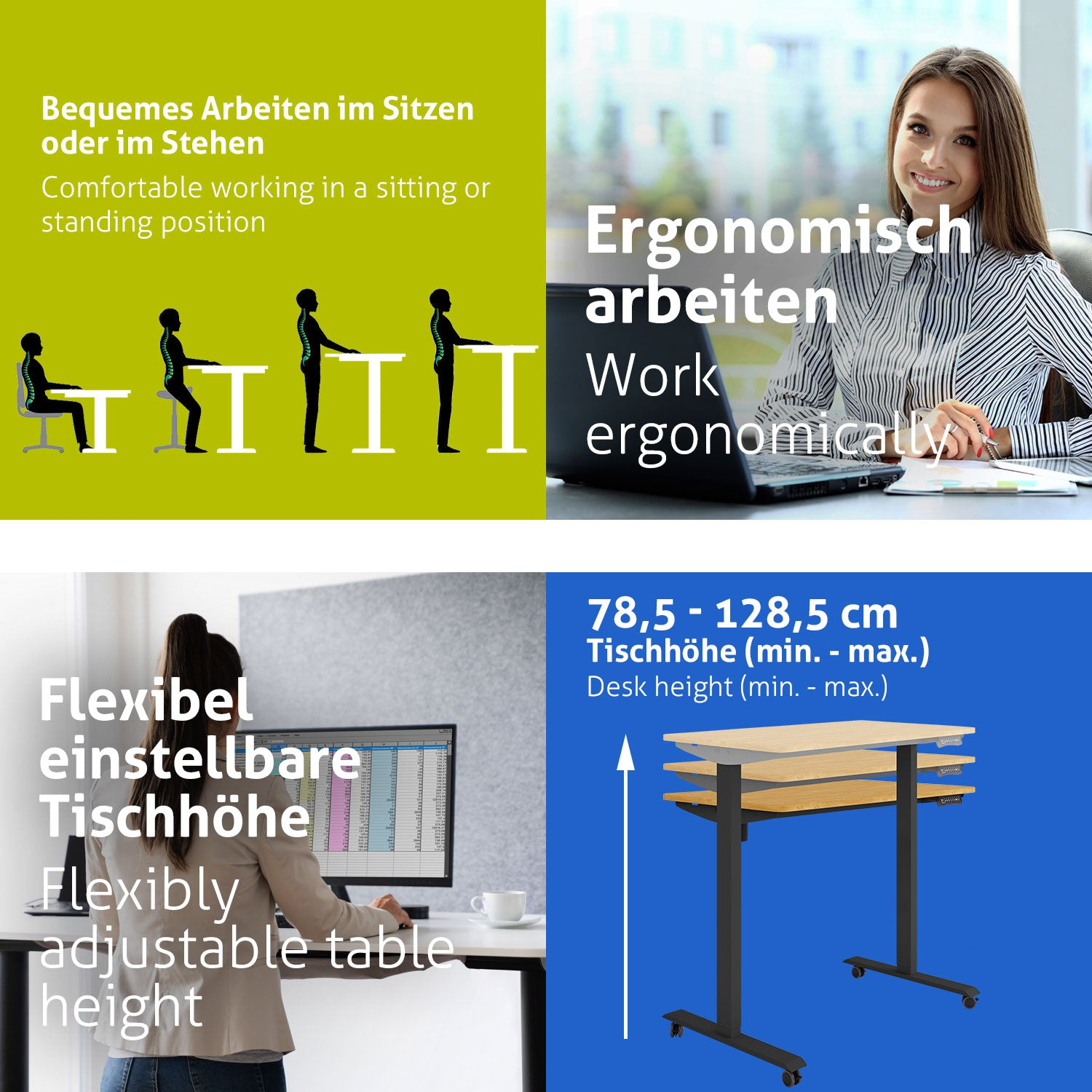 Das Bild zeigt ergonomisches Arbeiten. Es zeigt Sitz- und Stehpositionen, eine arbeitende Frau und einen höhenverstellbaren Schreibtisch.
