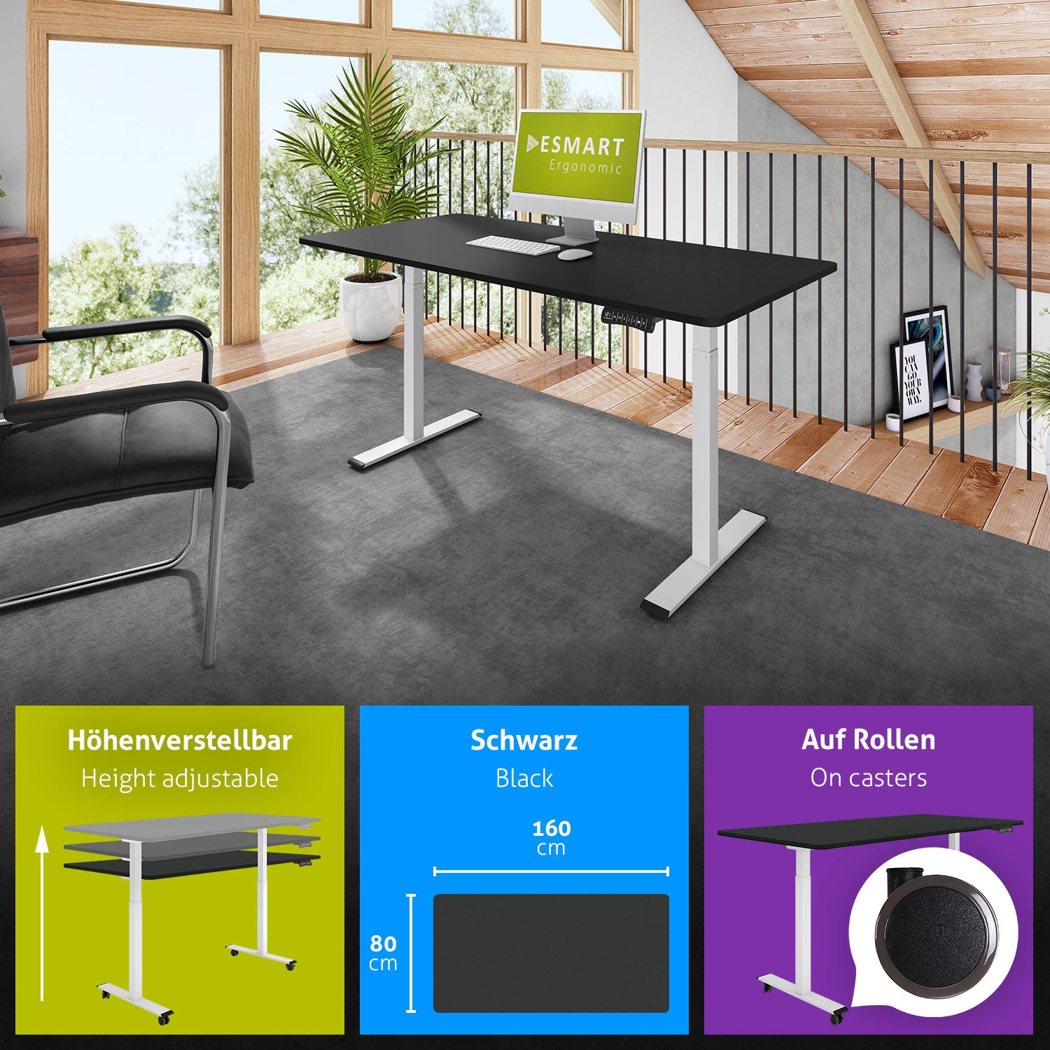 Ein höhenverstellbarer schwarzer Schreibtisch mit Computer, weißen Beinen und einem schwarzen Stuhl. Infografiken zeigen Abmessungen und Funktionen.