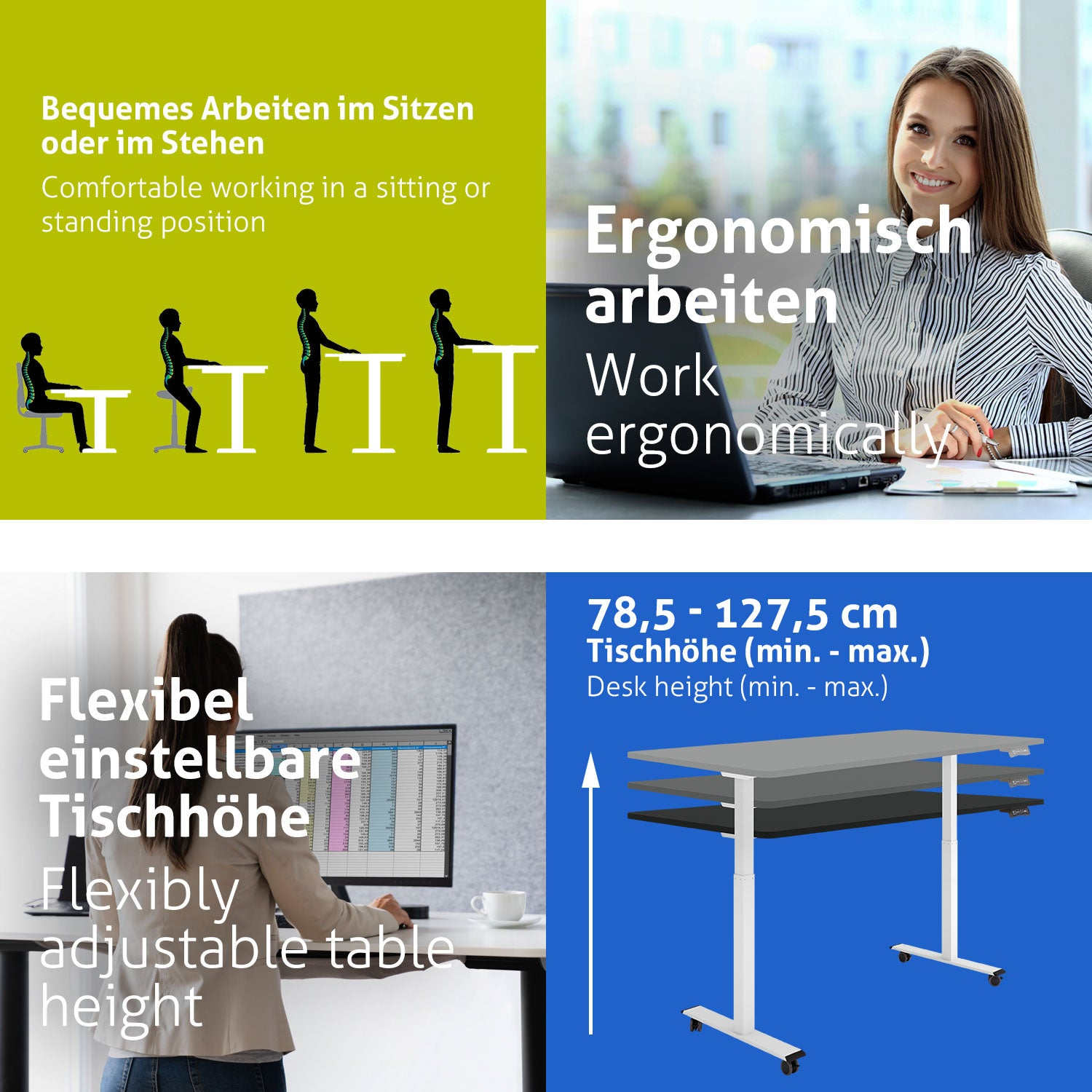 Das Bild zeigt ergonomische Büro-Setups: Sitzen, Stehen. Frau am Schreibtisch, höhenverstellbarer Tisch und Schreibtischhöhenbereich.