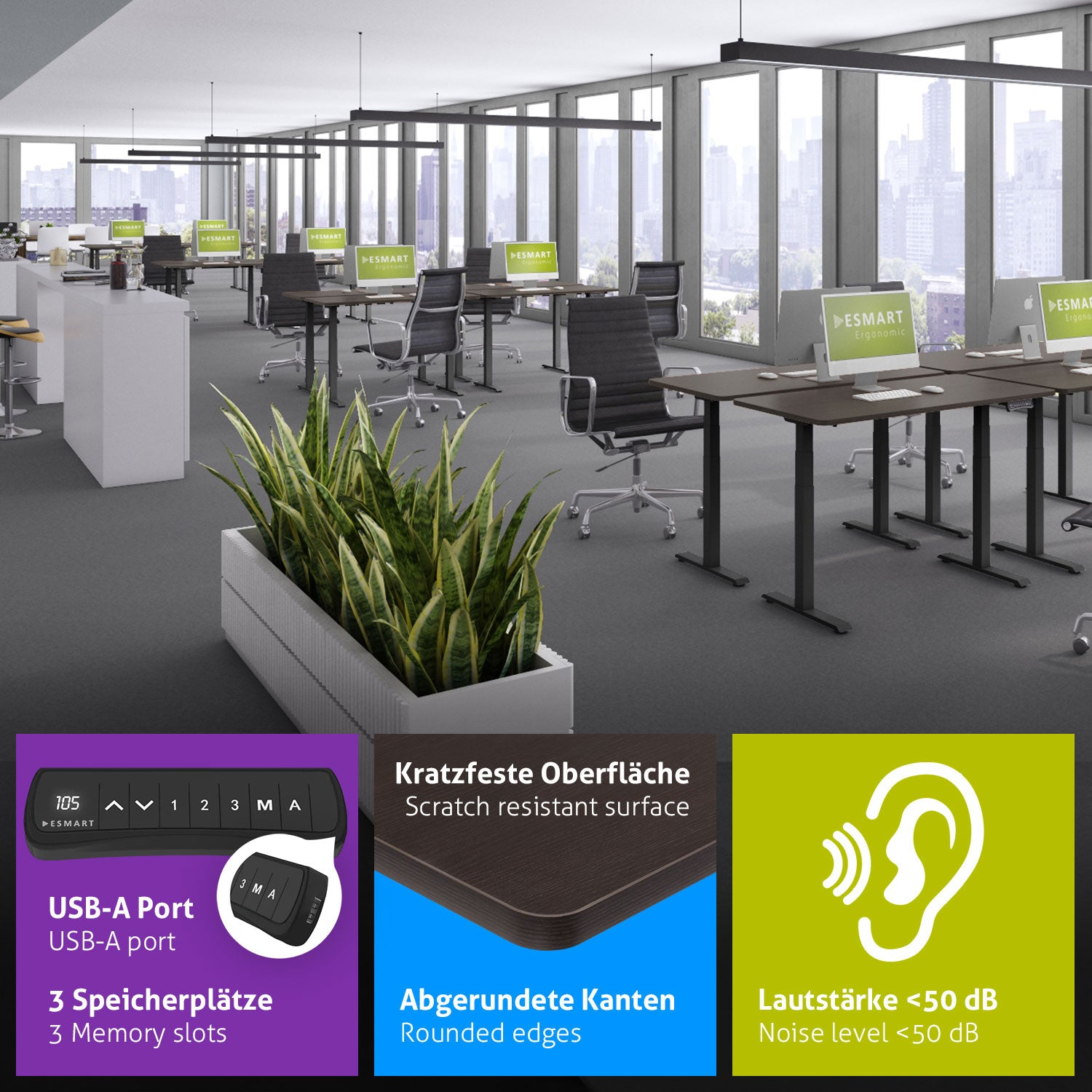 Ein Büro mit Schreibtischen und Computern. Pflanzen im Vordergrund. Merkmale: USB-A-Anschluss, kratzfeste Oberfläche, abgerundete Kanten und geringe Geräuschentwicklung.