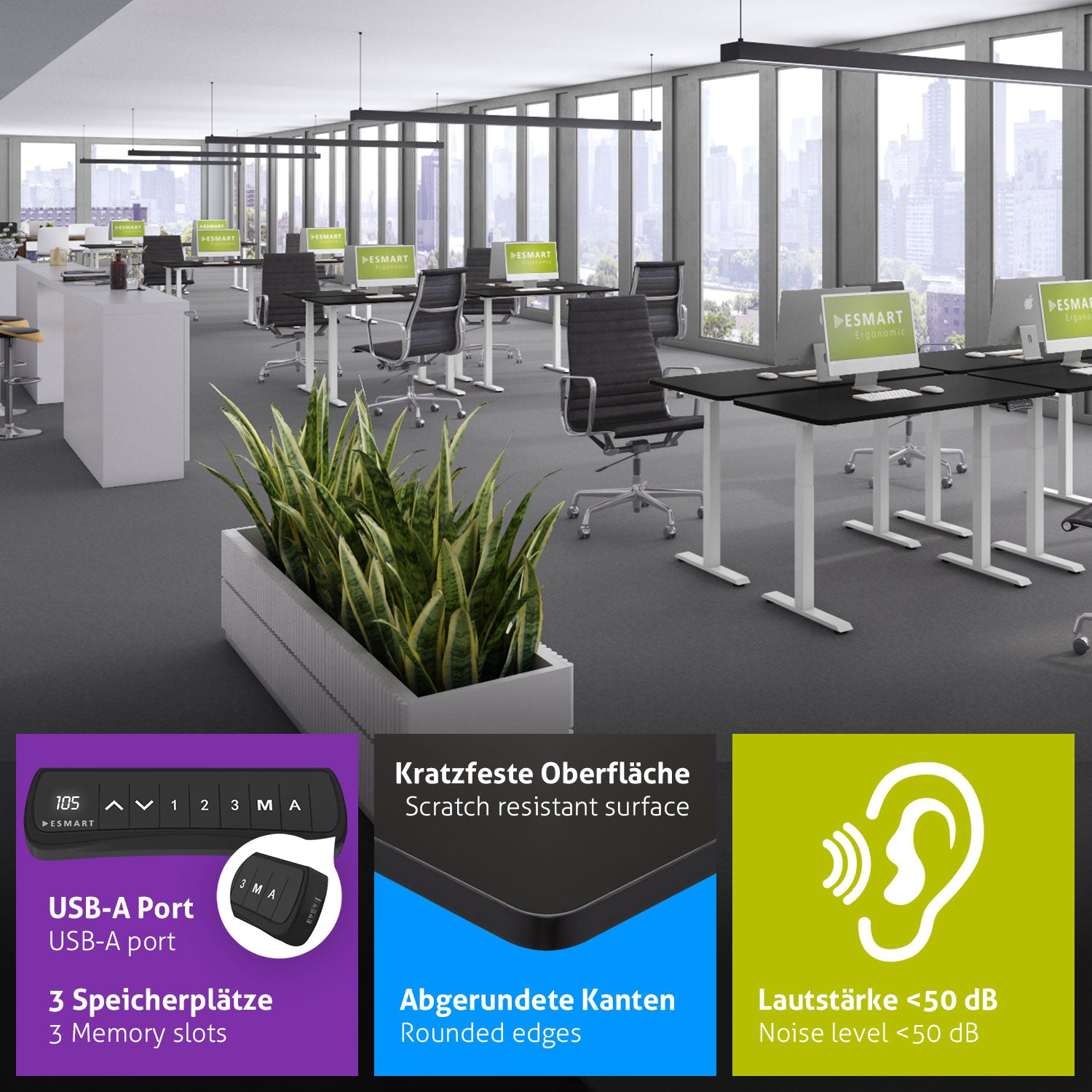 Ein Büro mit Schreibtischen, Stühlen, Computern und Pflanzen. Text enthält USB-Anschluss, Speicherslots, kratzfeste Oberfläche, abgerundete Kanten und Geräuschpegel.