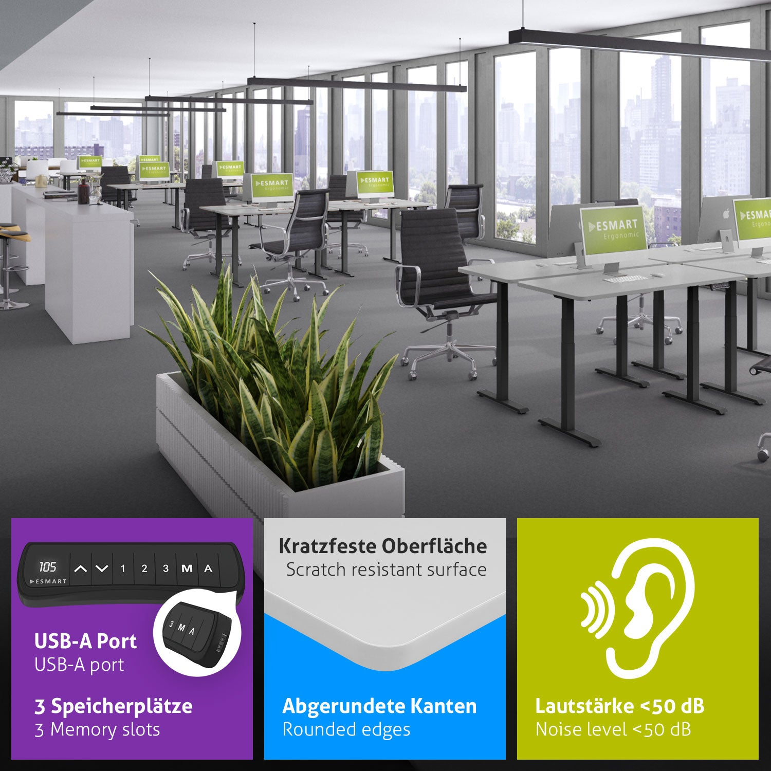 Ein Büro mit Schreibtischen, Stühlen und Computern. Ein Blumentopf befindet sich im Vordergrund. Merkmale sind USB-A-Anschluss, abgerundete Kanten und Geräuschpegel.
