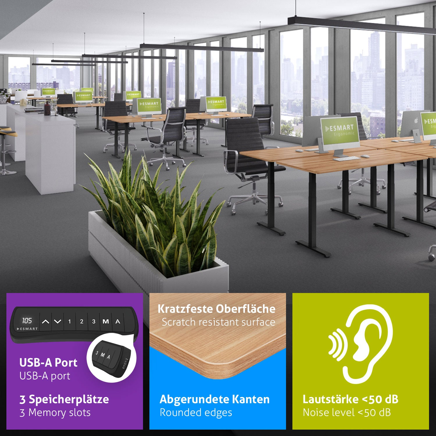 Ein Büro mit Schreibtischen, Stühlen, Computern und Pflanzen. Informationstafeln zeigen USB-Anschluss, abgerundete Kanten und Geräuschpegel.