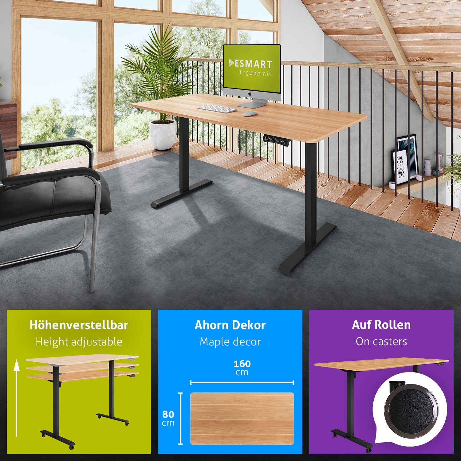 Ein höhenverstellbarer Schreibtisch mit Holzplatte und schwarzen Beinen. Es gibt einen Computer darauf. Der Hintergrund zeigt ein Fenster und ein Loft.