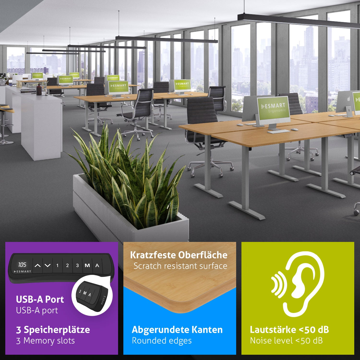 Ein Büro mit Schreibtischen und Computern. Pflanzen in einem Pflanzgefäß befinden sich im Vordergrund. Durch die Fenster sind Stadtgebäude zu sehen.