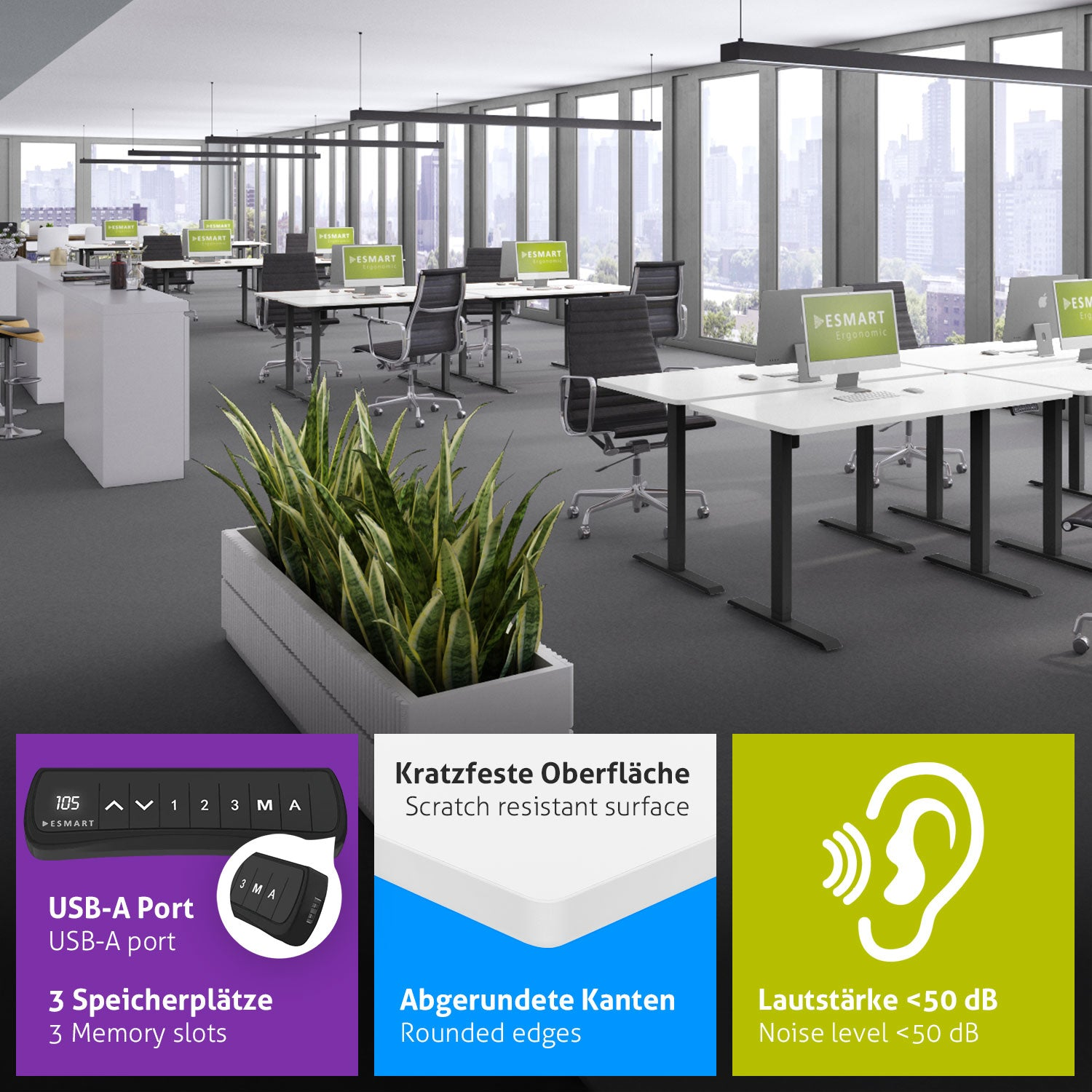 Ein Büro mit Schreibtischen, Stühlen, Computern und Pflanzen. Infoboxen zeigen Funktionen wie USB-Anschluss, Speicherplätze und Geräuschpegel.