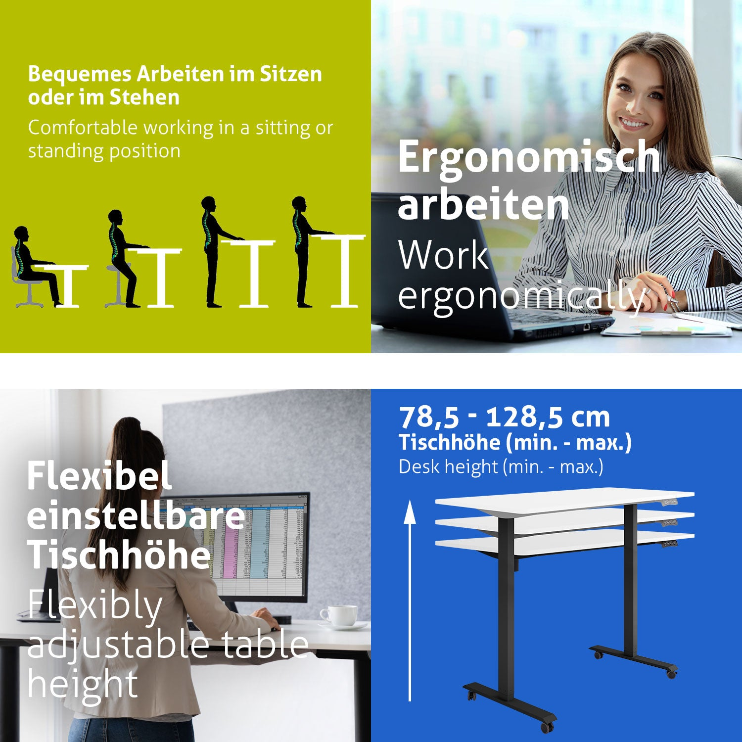 Das Bild zeigt ergonomische Bürokonfigurationen: Sitzen, Stehen. Eine Frau arbeitet an einem Schreibtisch. Ein Schreibtisch hat eine verstellbare Höhe, mit Maßen.